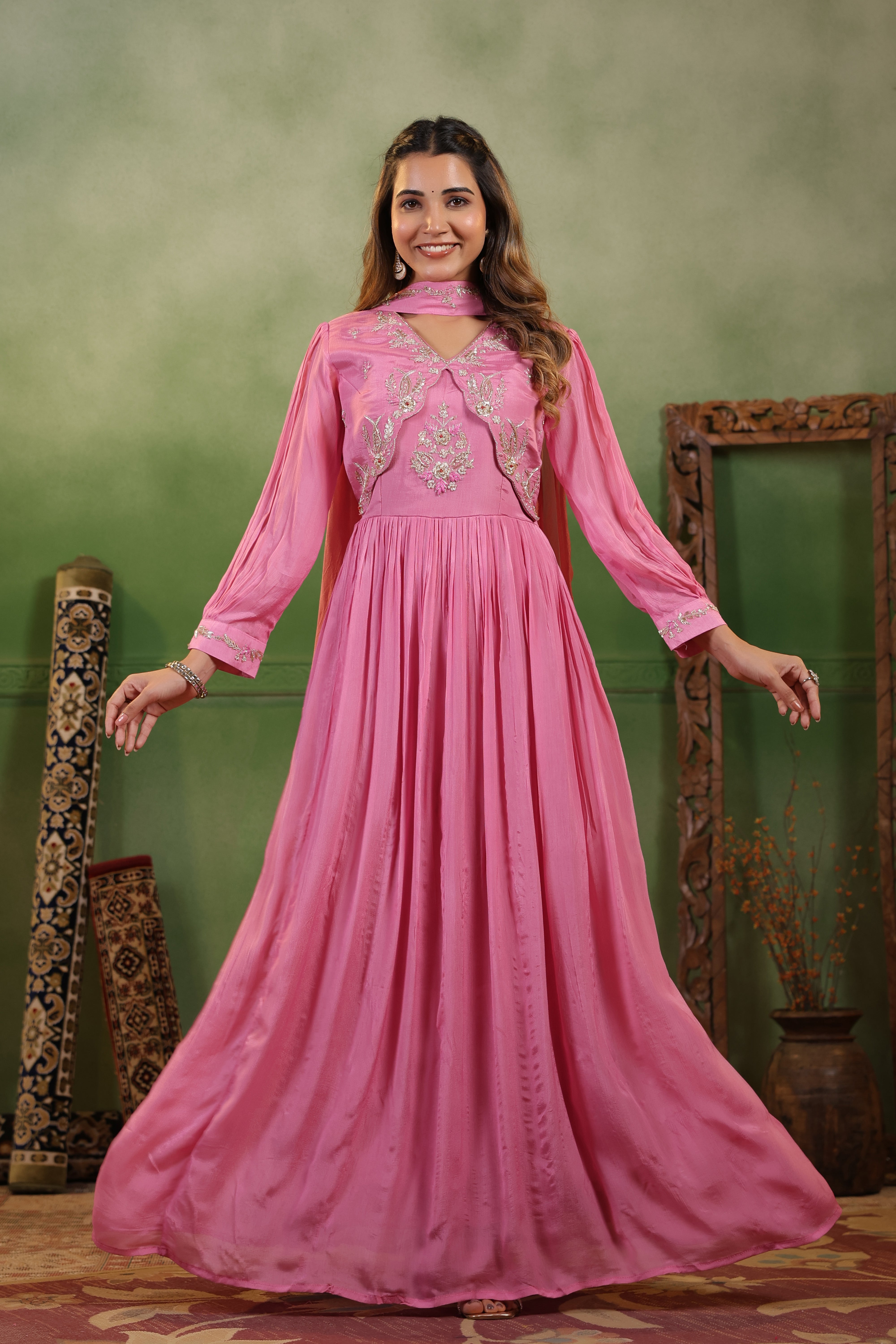Petal Pink Embellished Chinon Silk Gown Set