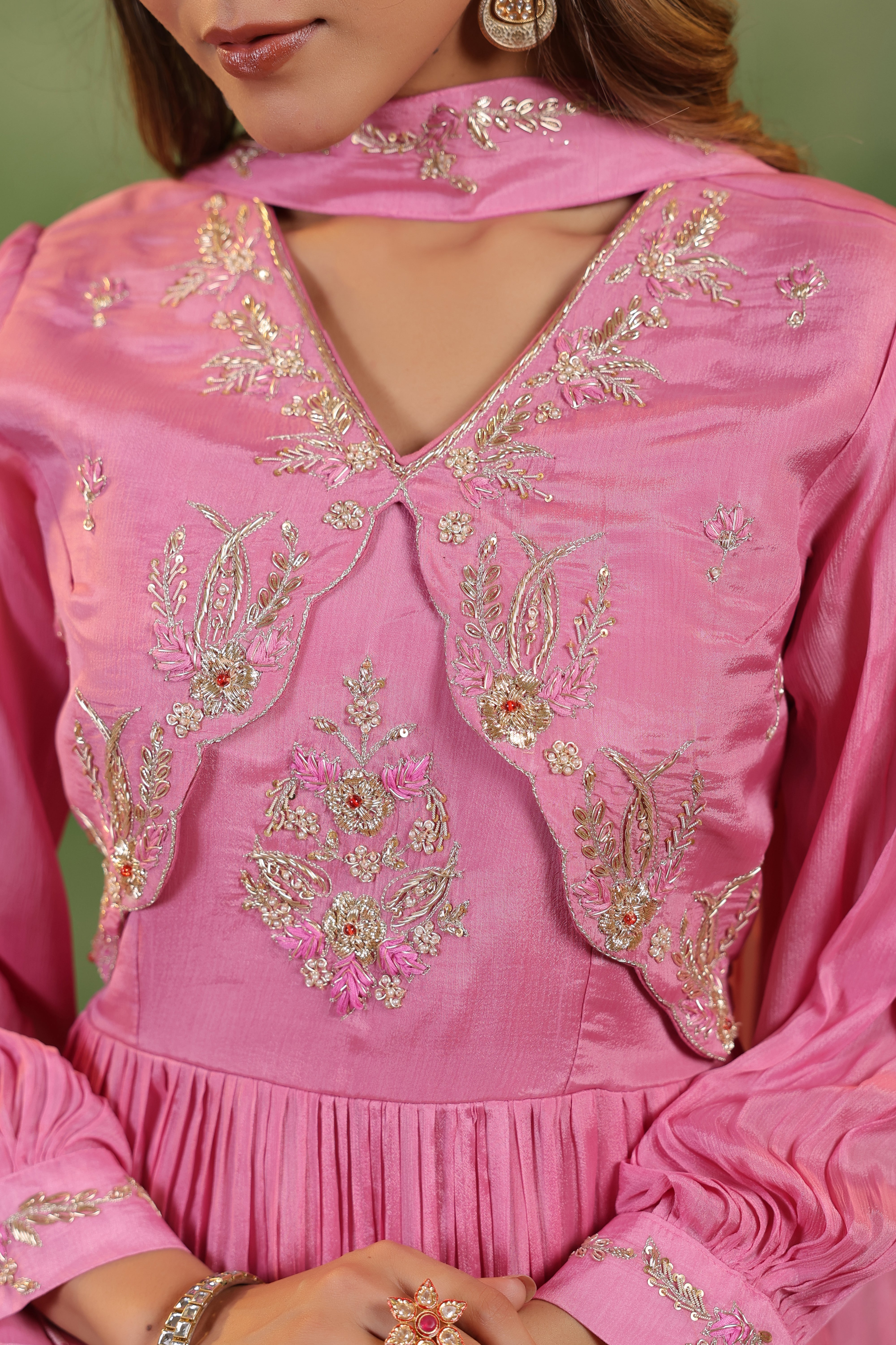 Petal Pink Embellished Chinon Silk Gown Set