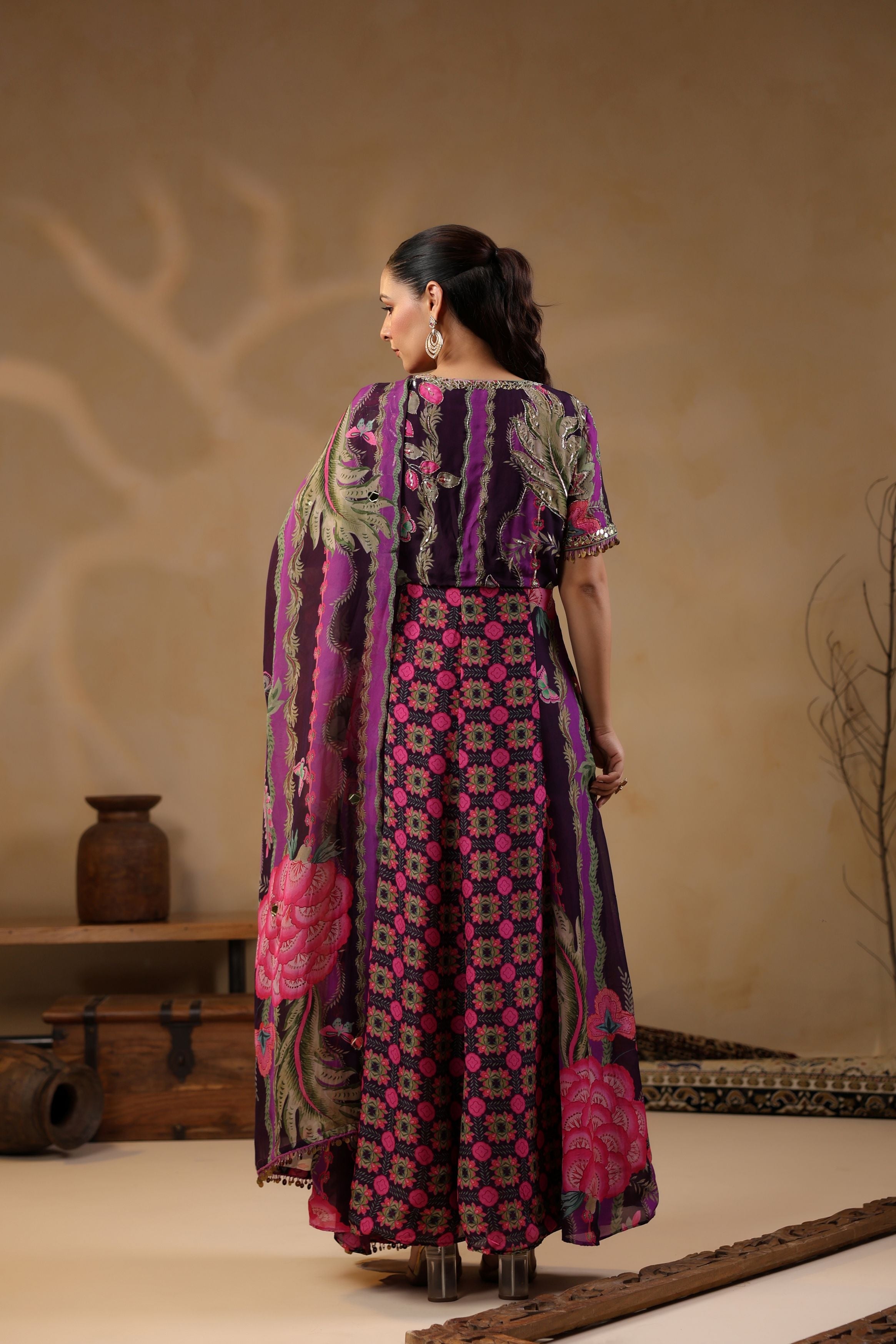 Grape Purple Printed Georgette Silk Tunic With Pants