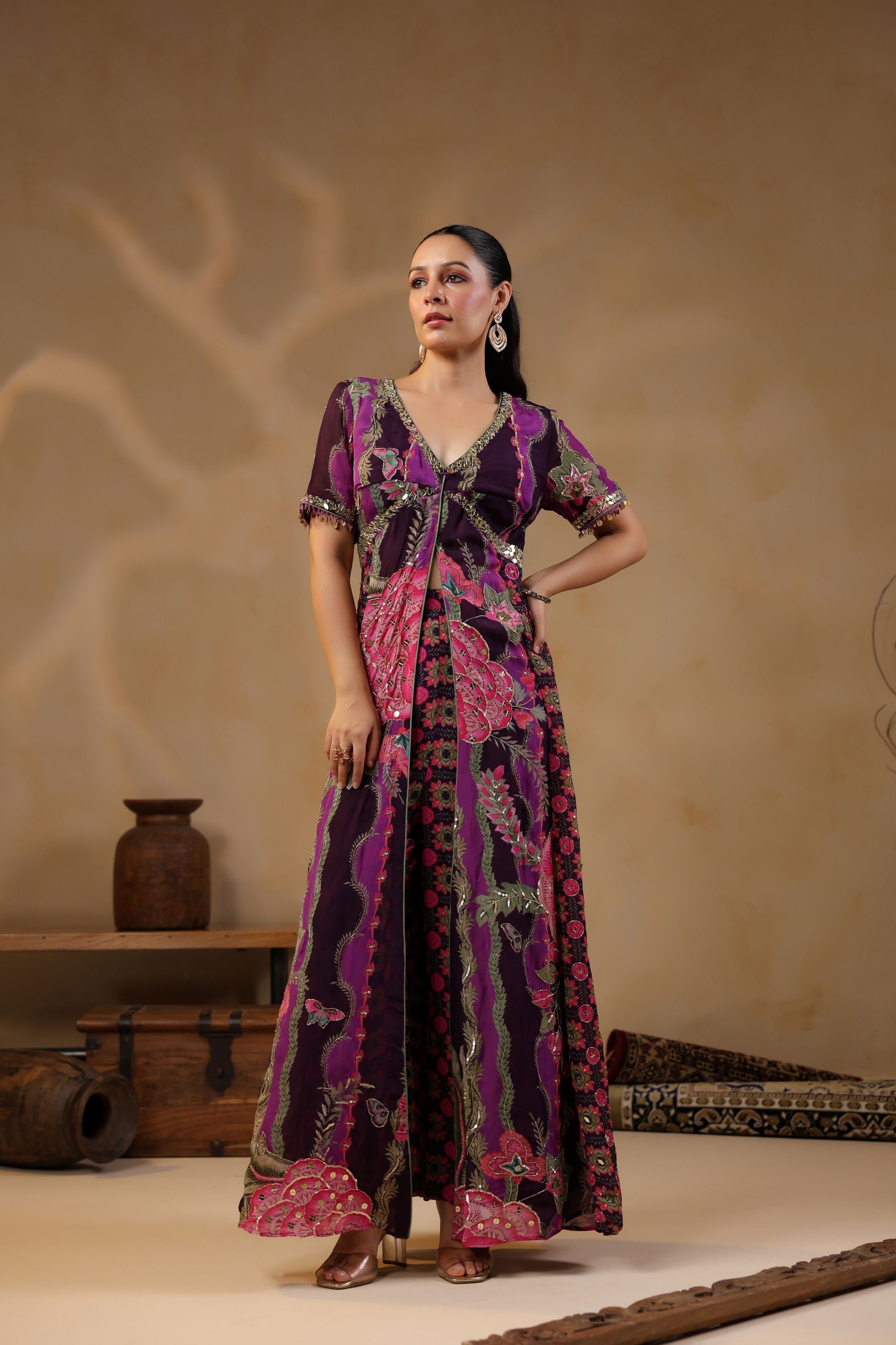 Grape Purple Printed Georgette Silk Tunic With Pants