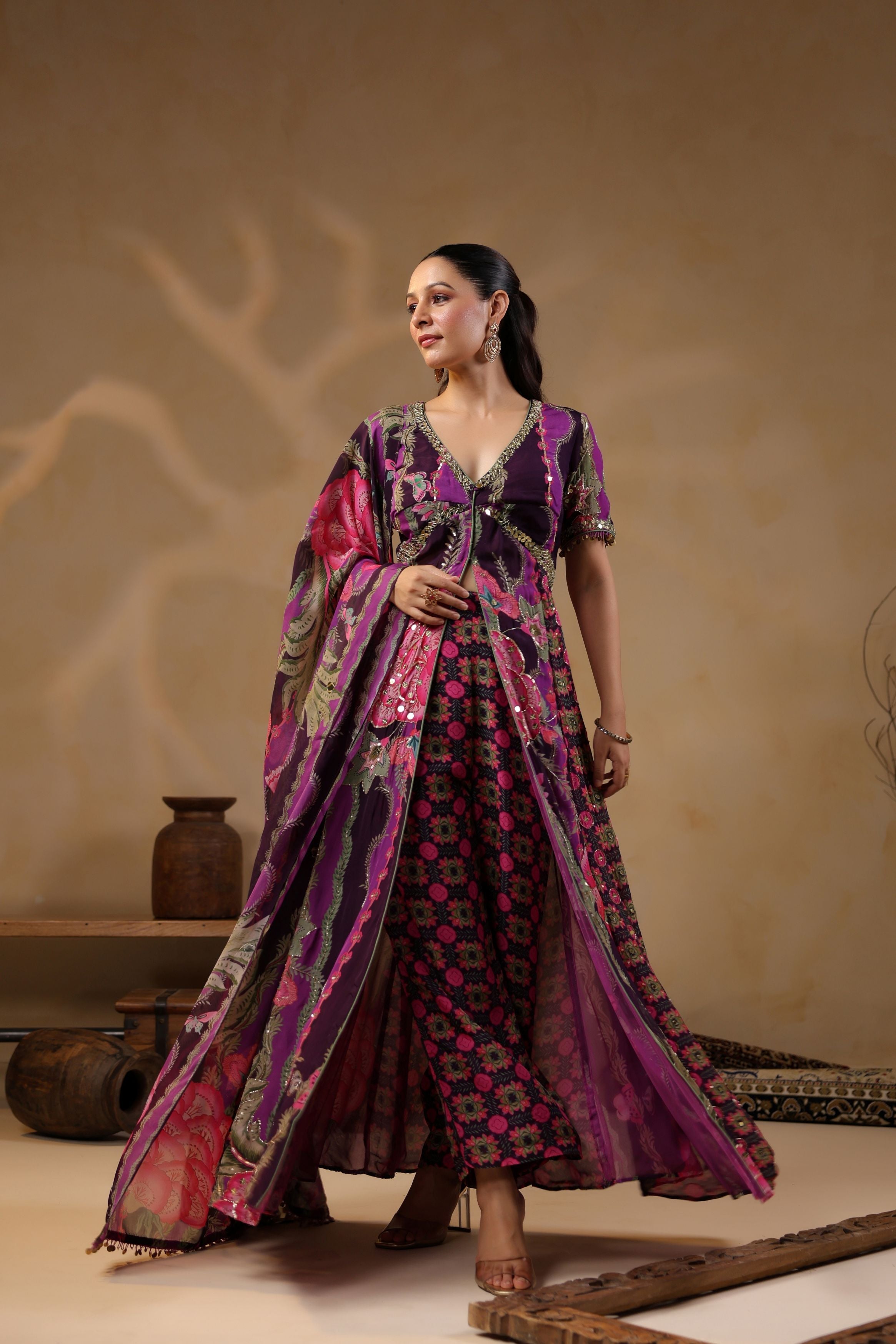 Grape Purple Printed Georgette Silk Tunic With Pants