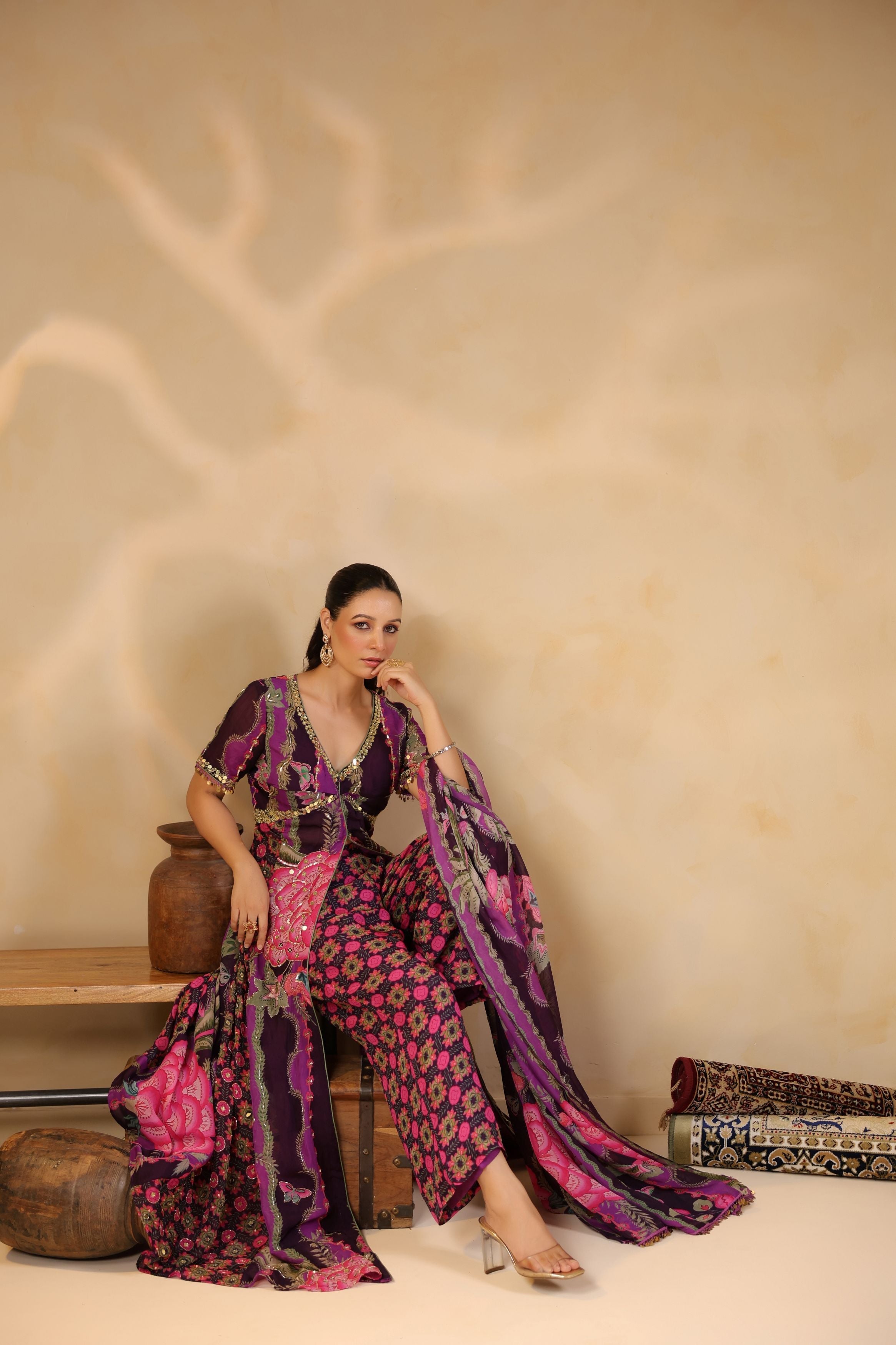 Grape Purple Printed Georgette Silk Tunic With Pants