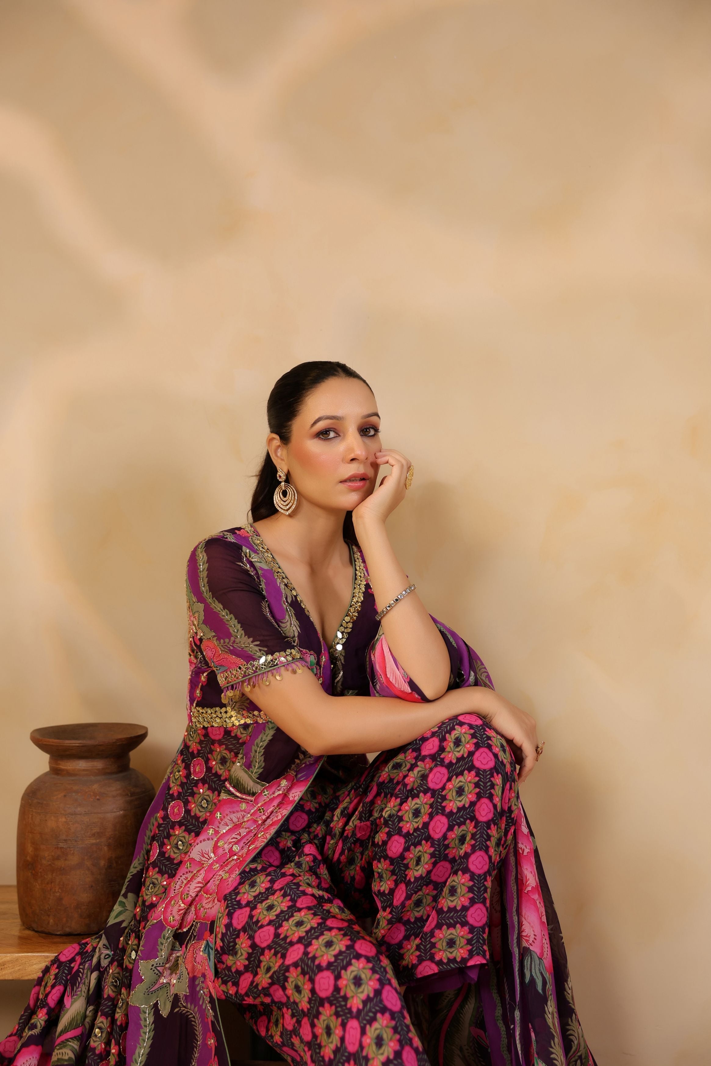 Grape Purple Printed Georgette Silk Tunic With Pants
