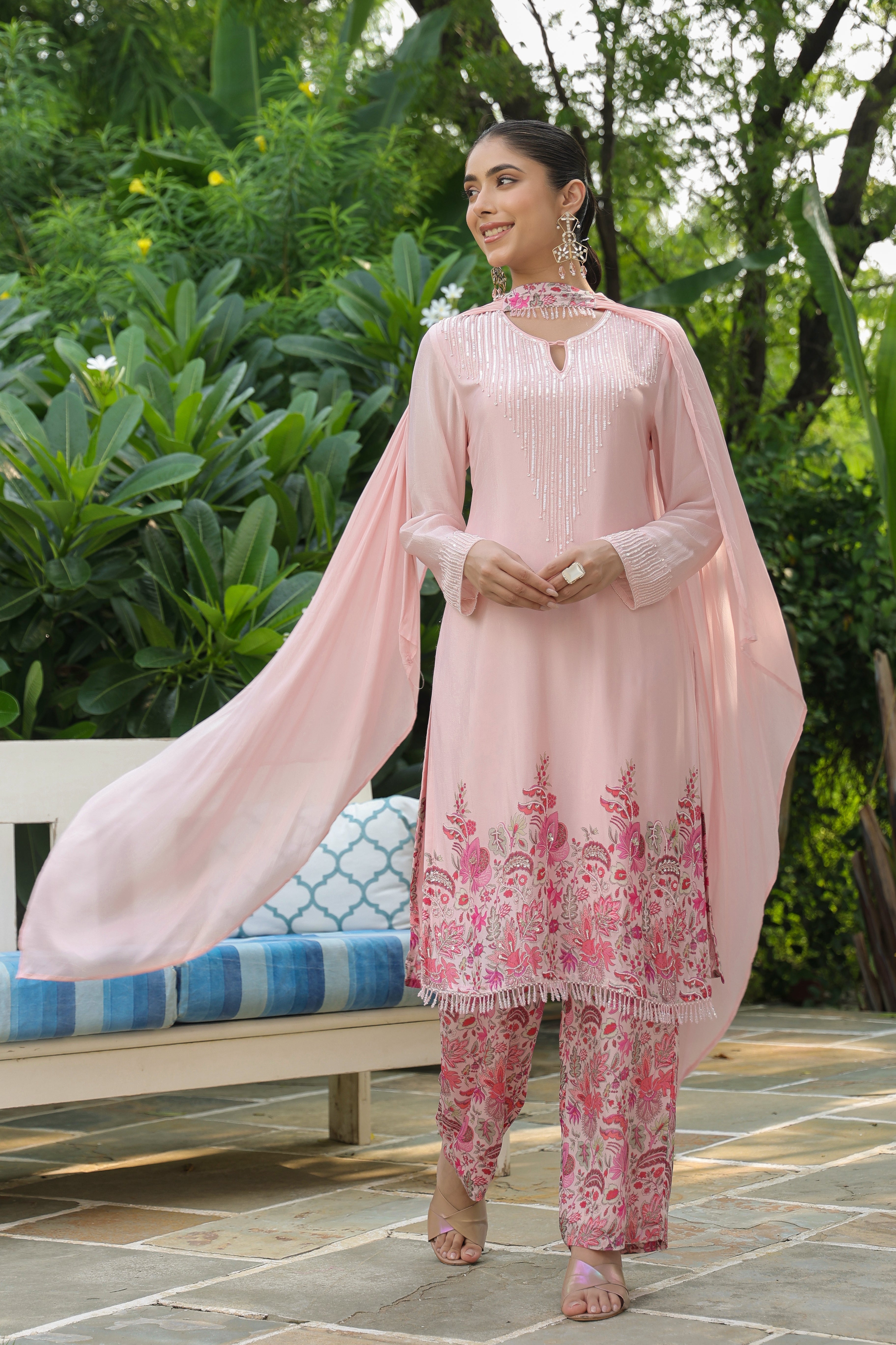 Soft Peach Embellished Chinon Silk Kurta Set