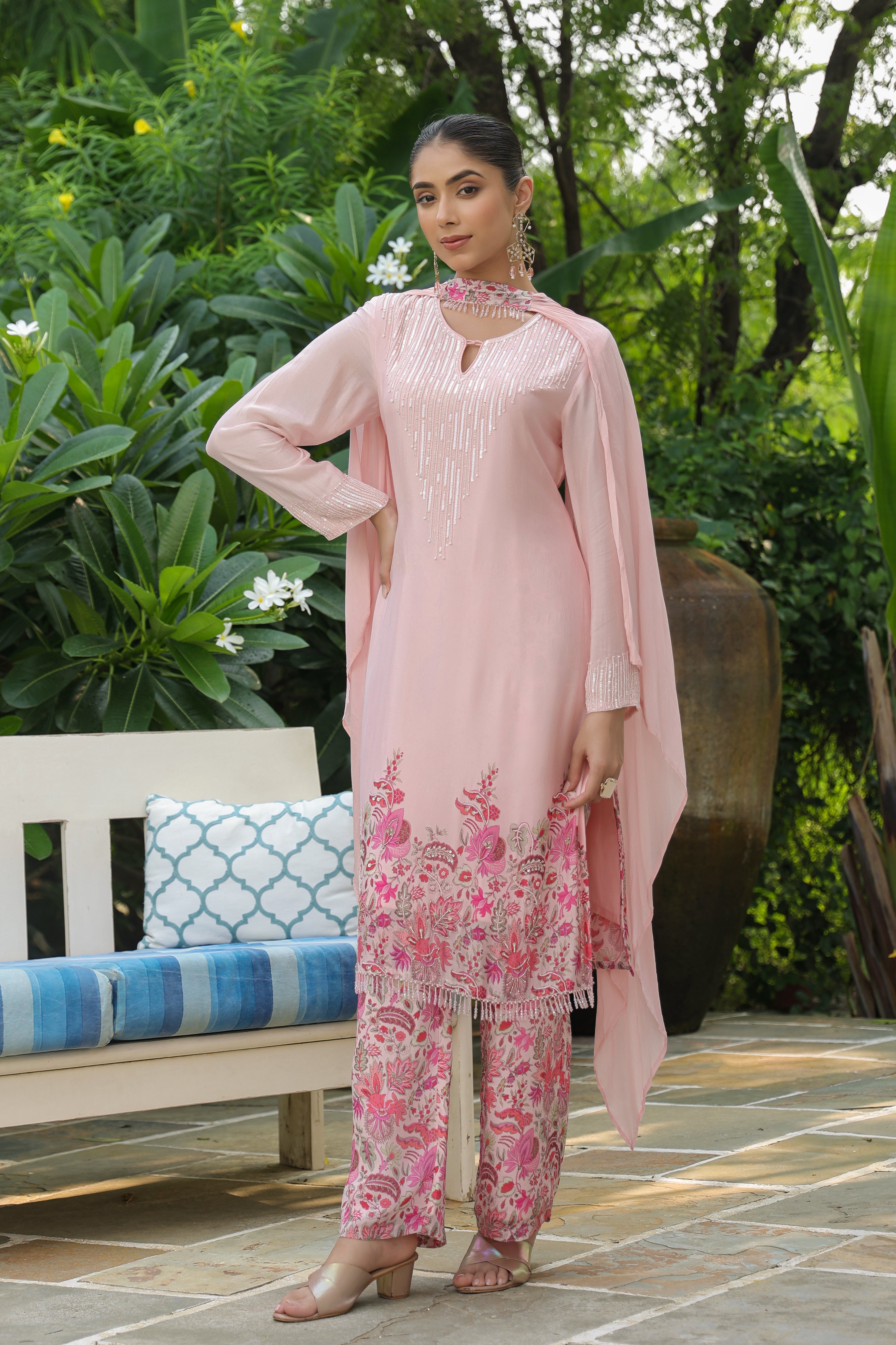 Soft Peach Embellished Chinon Silk Kurta Set