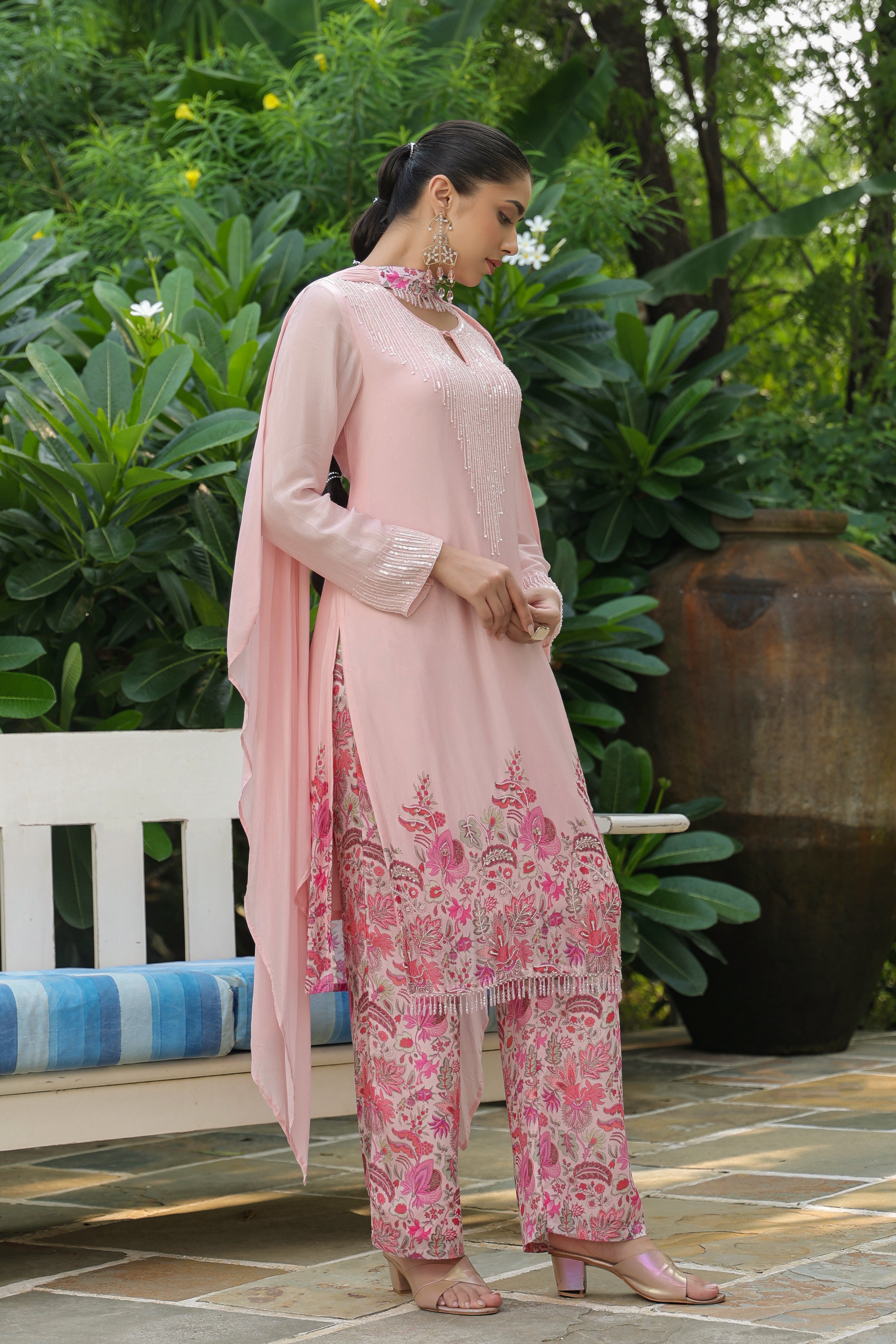 Soft Peach Embellished Chinon Silk Kurta Set