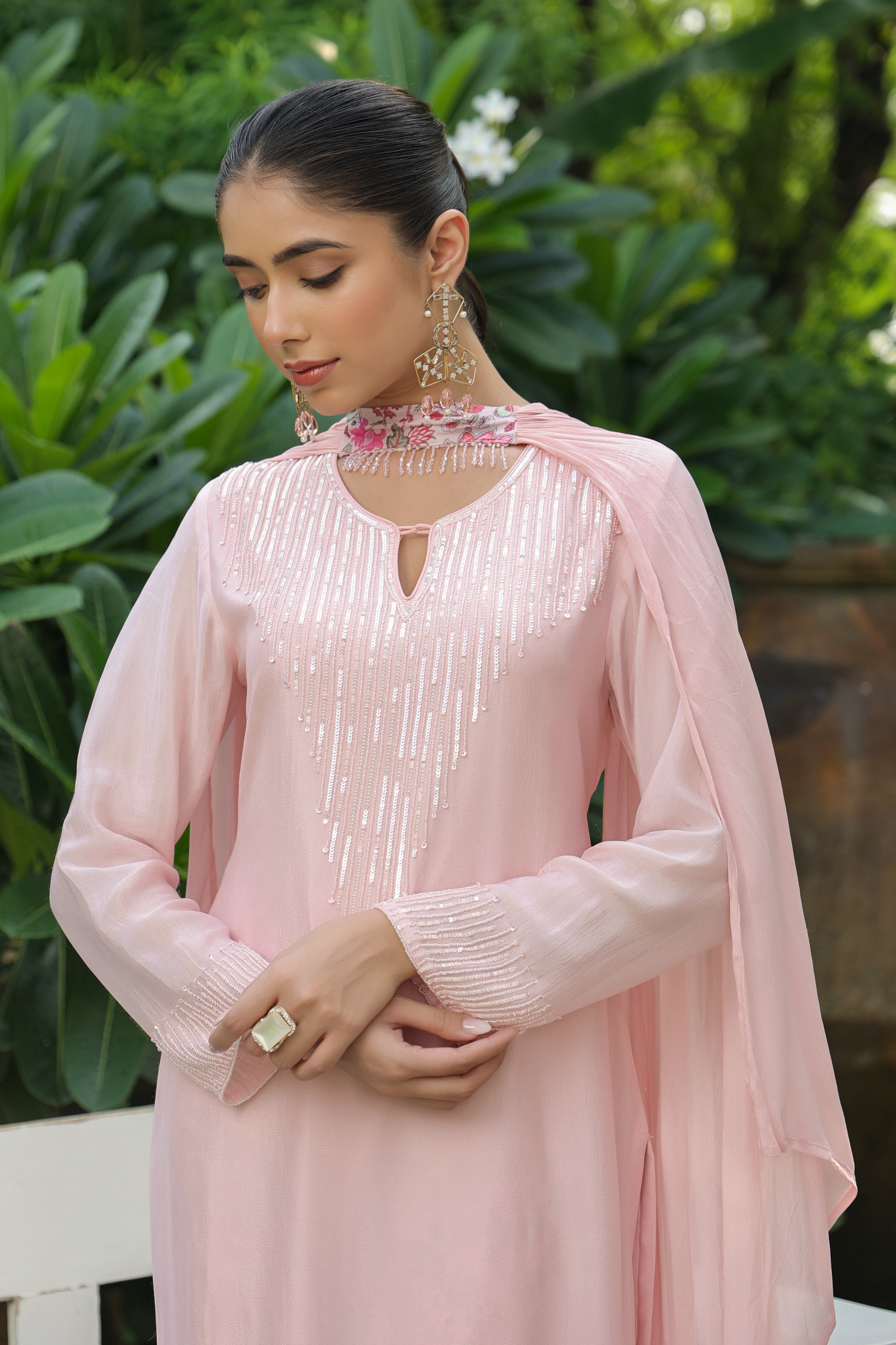 Soft Peach Embellished Chinon Silk Kurta Set
