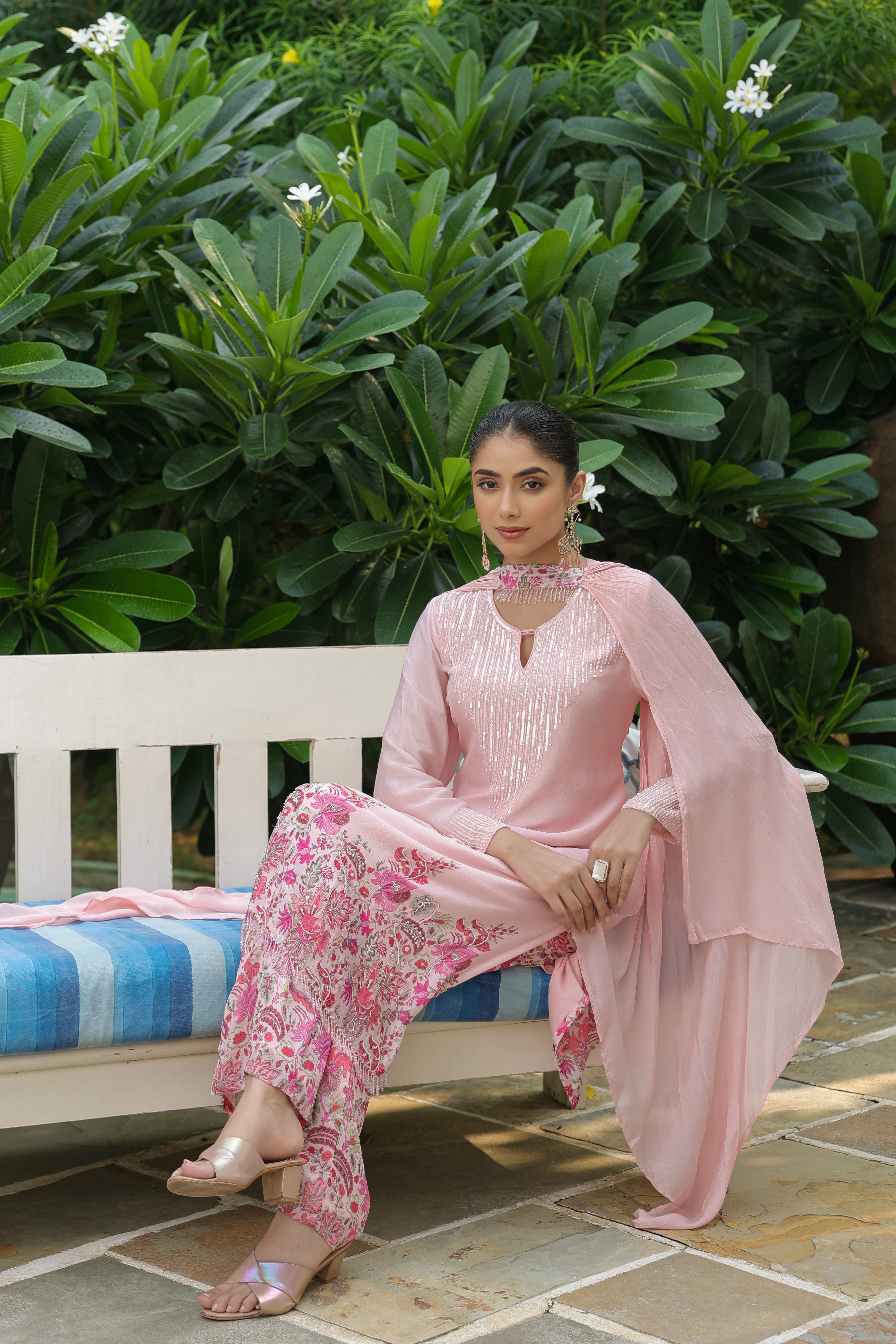 Soft Peach Embellished Chinon Silk Kurta Set