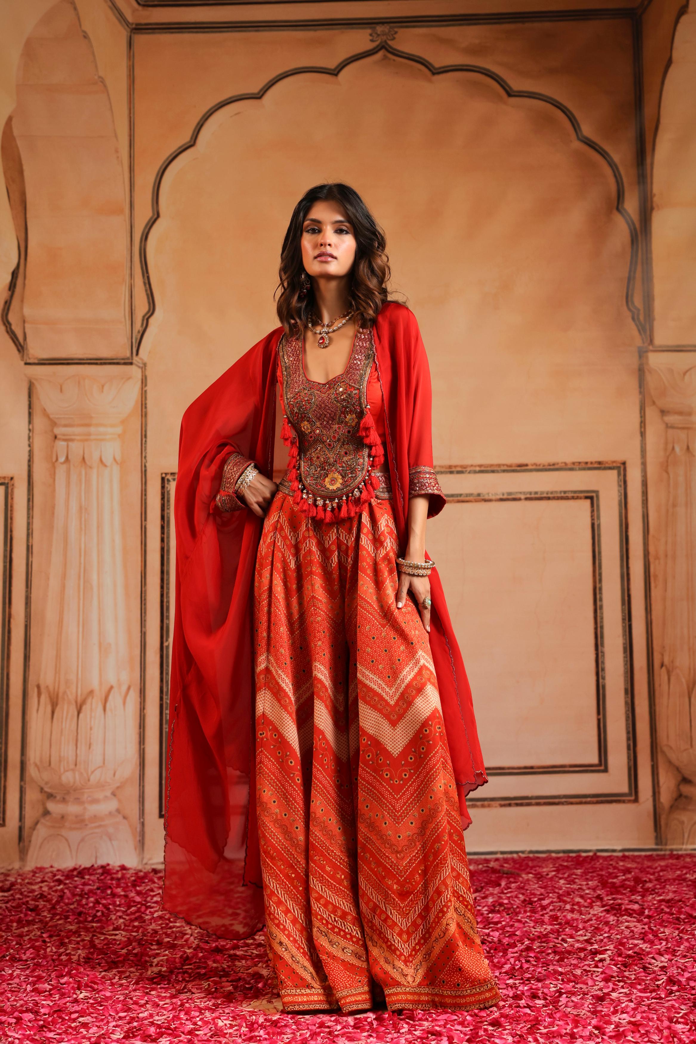 Rust Red Embellished Raw Silk Sharara Set