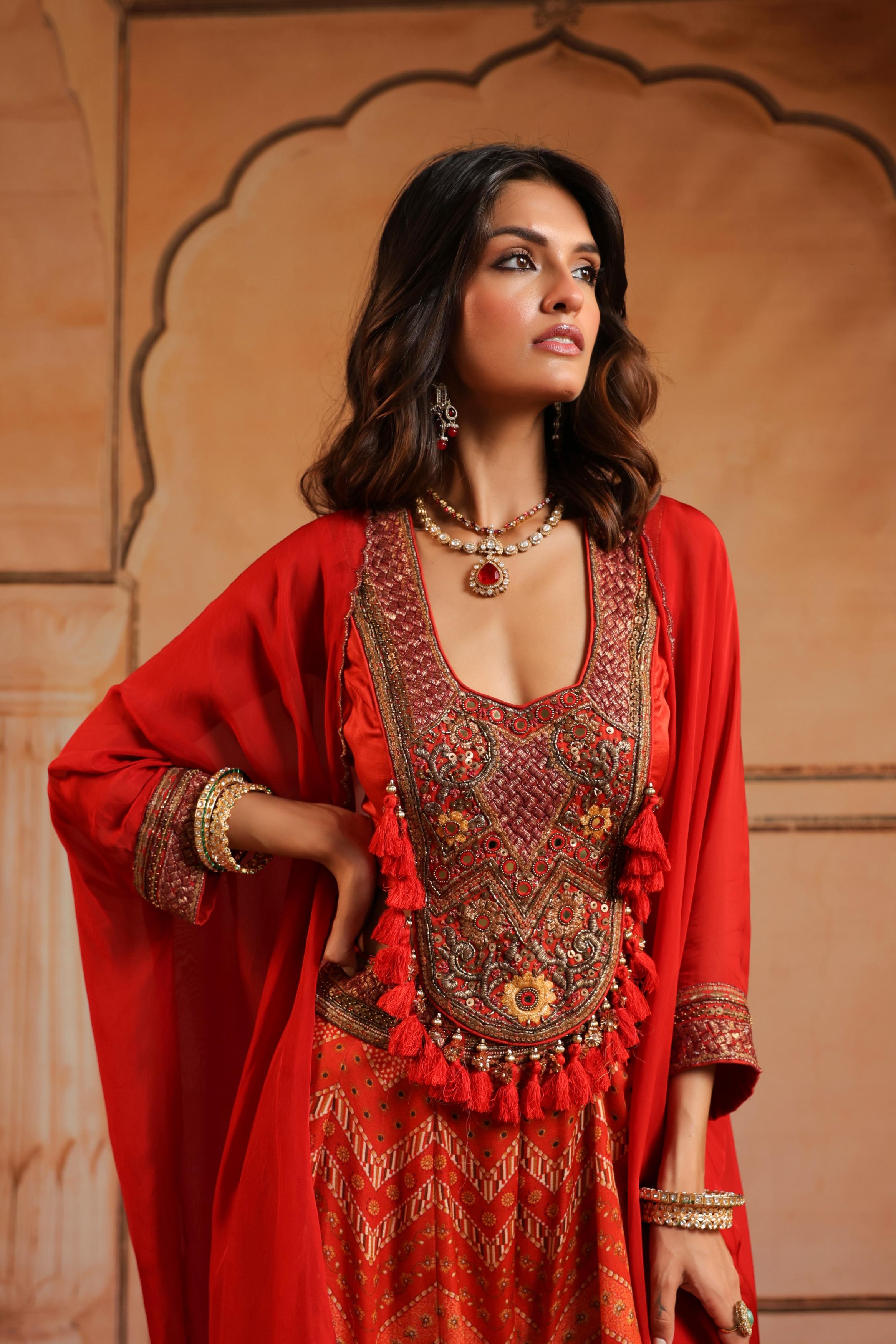 Rust Red Embellished Raw Silk Sharara Set