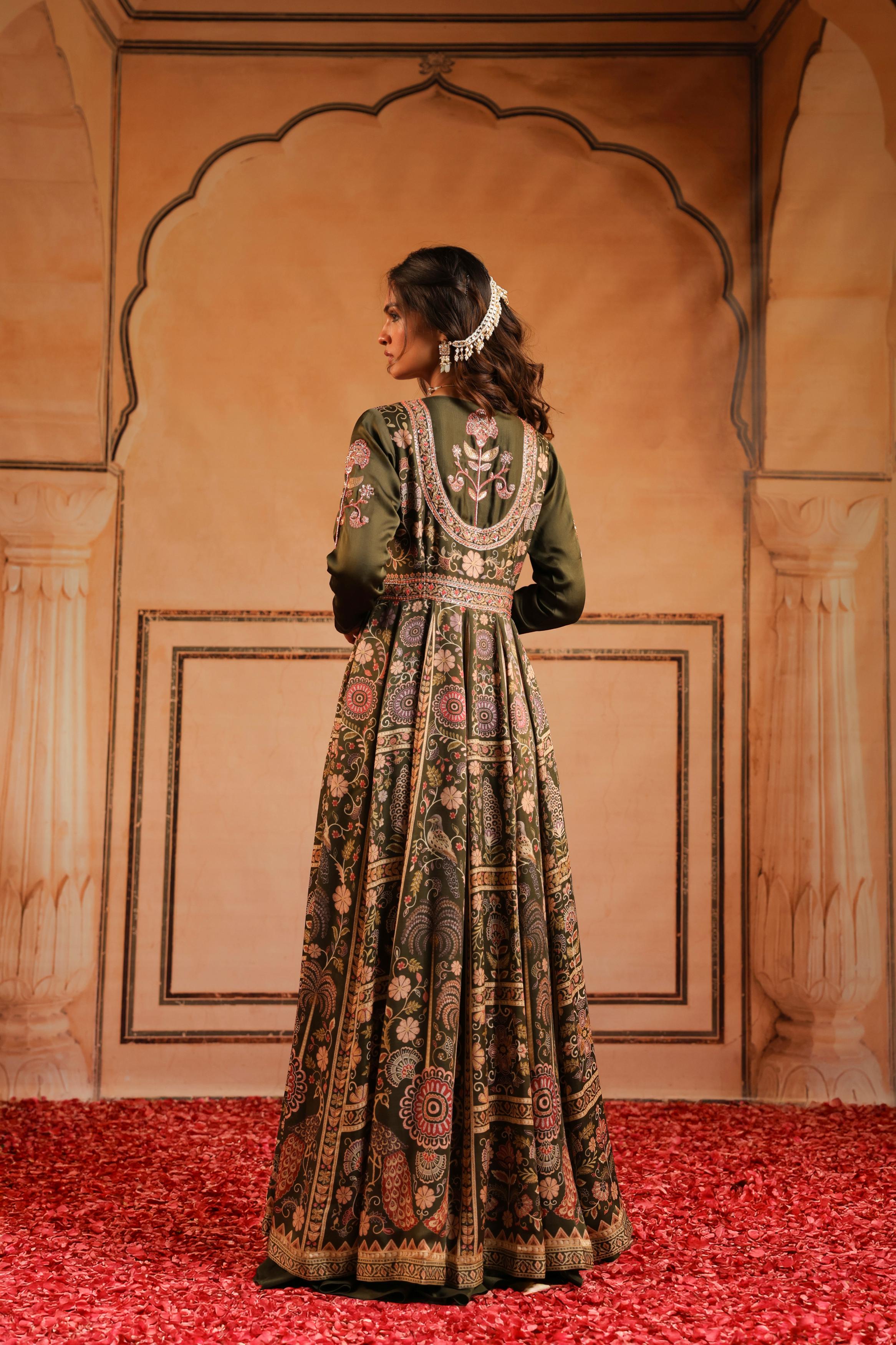 Olive Green Printed Linen Satin Silk Anarkali Set
