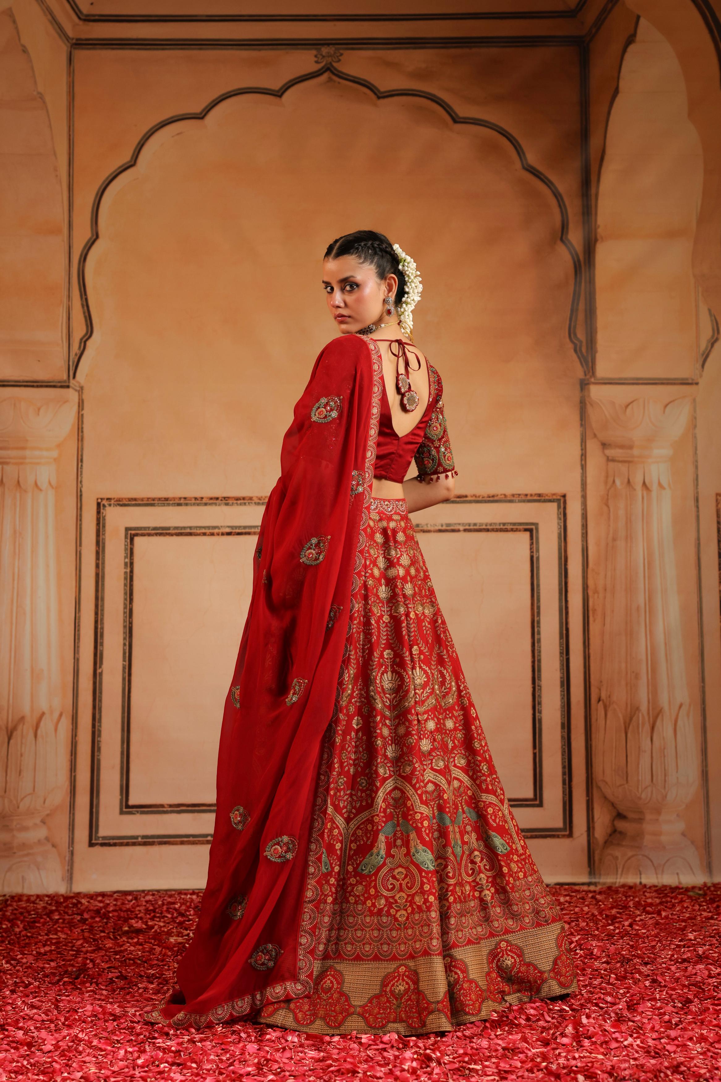 Crimson Red Embellished Silk Lehenga Set