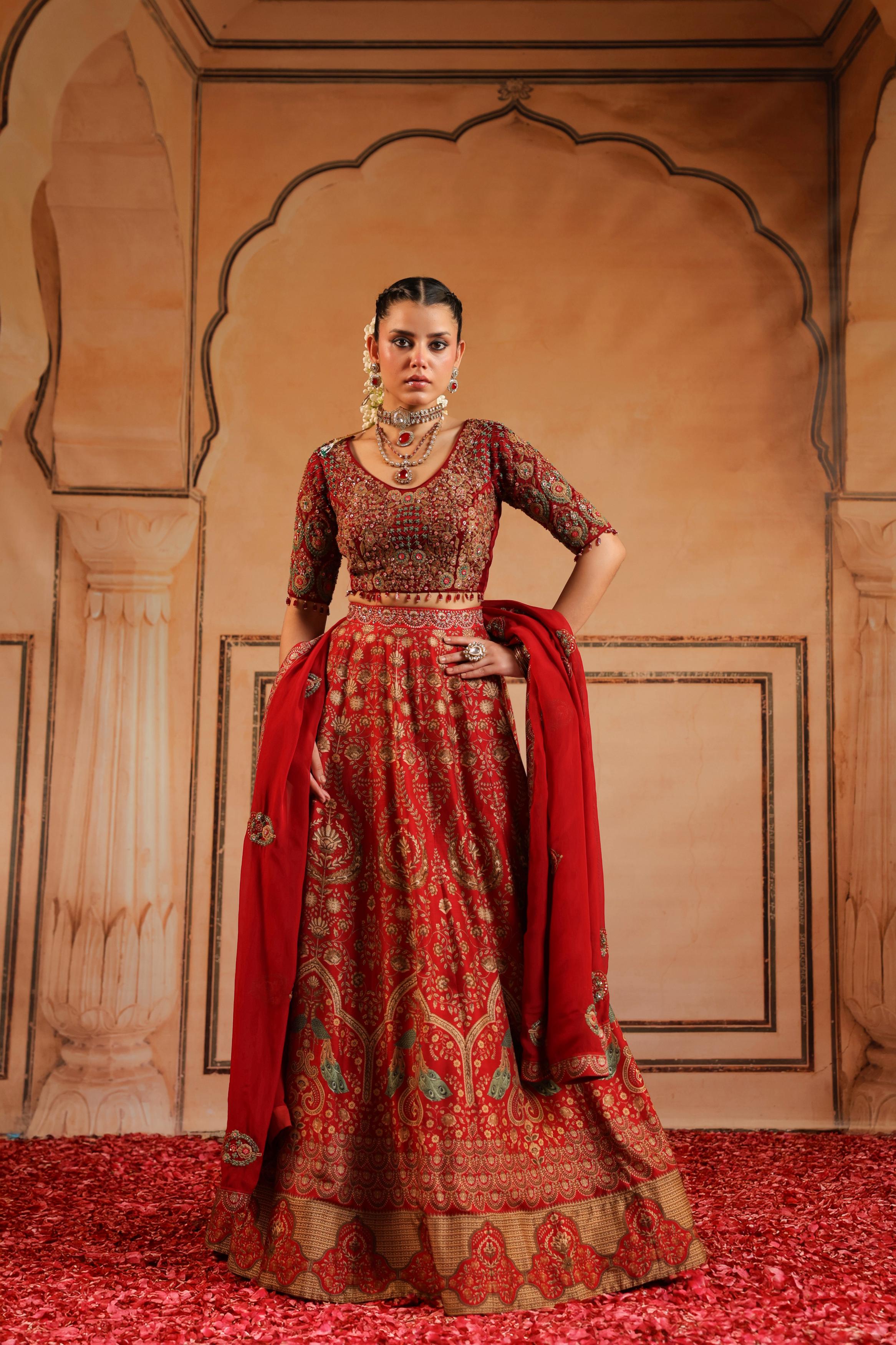 Crimson Red Embellished Silk Lehenga Set