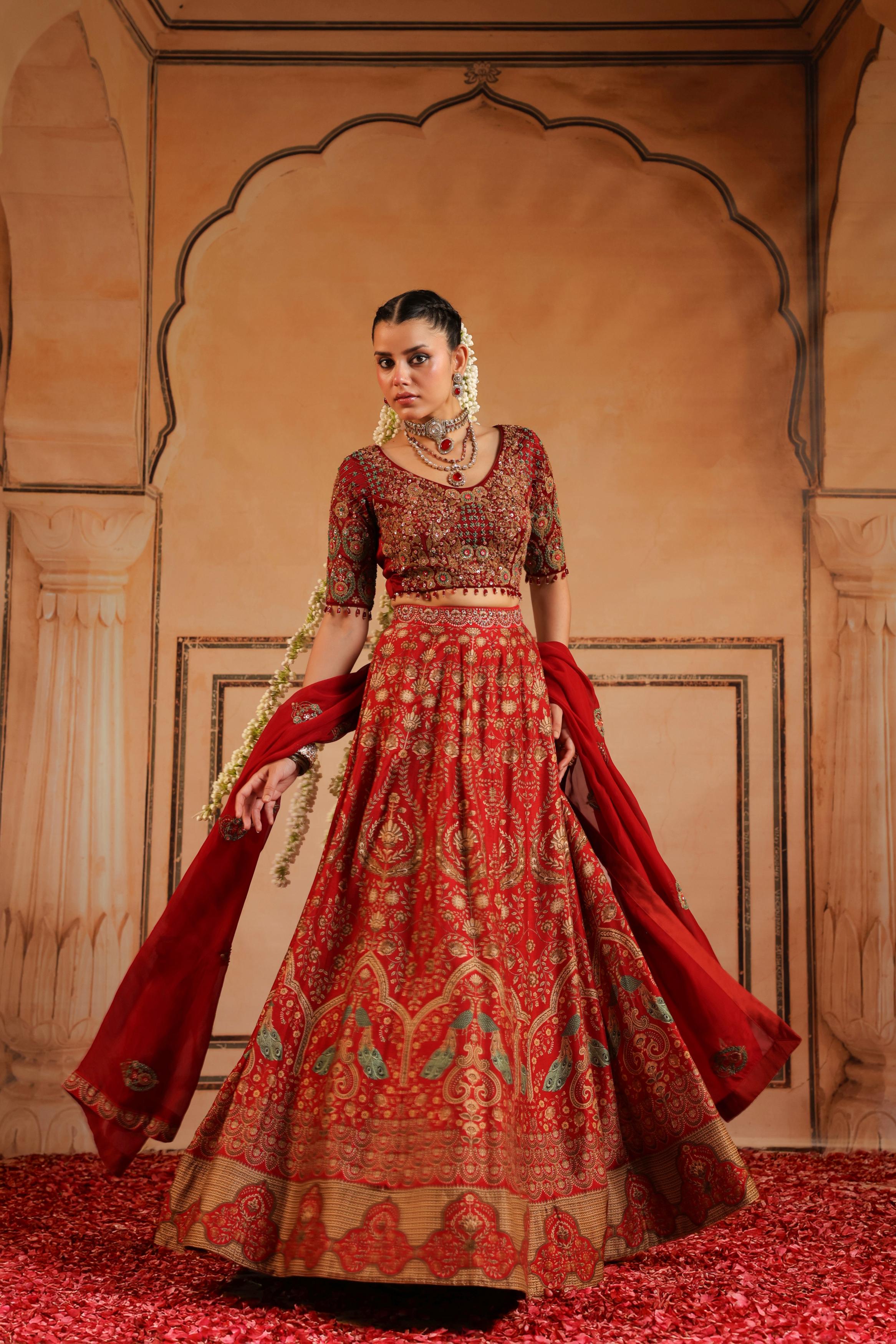 Crimson Red Embellished Silk Lehenga Set