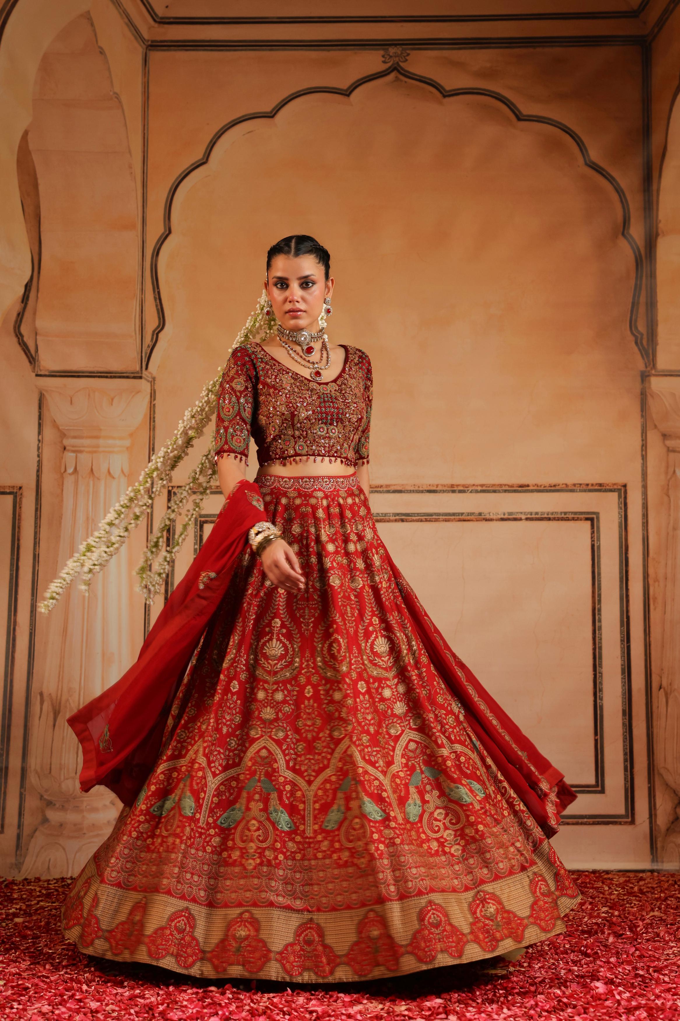 Crimson Red Embellished Silk Lehenga Set