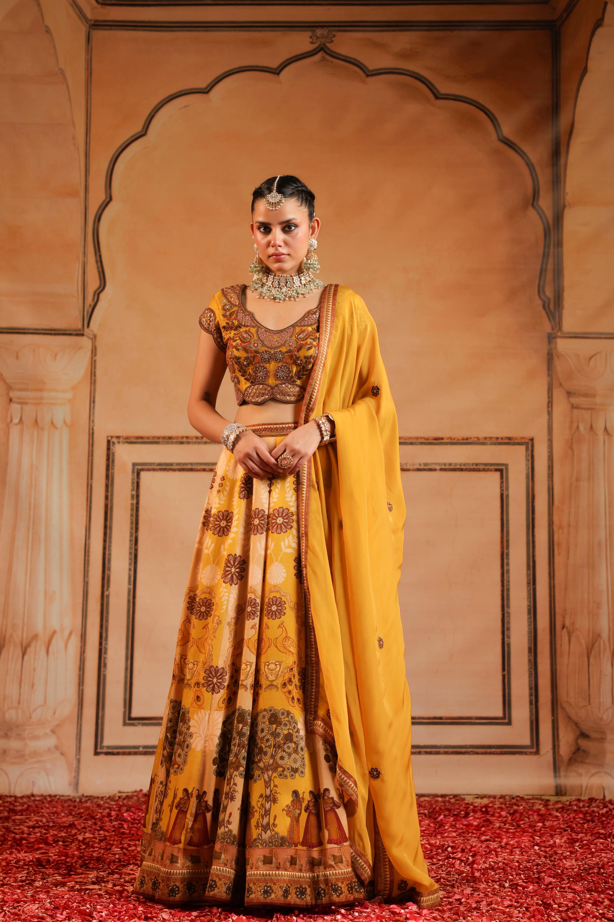 Mustard Yellow Embellished Raw Silk Lehenga Set