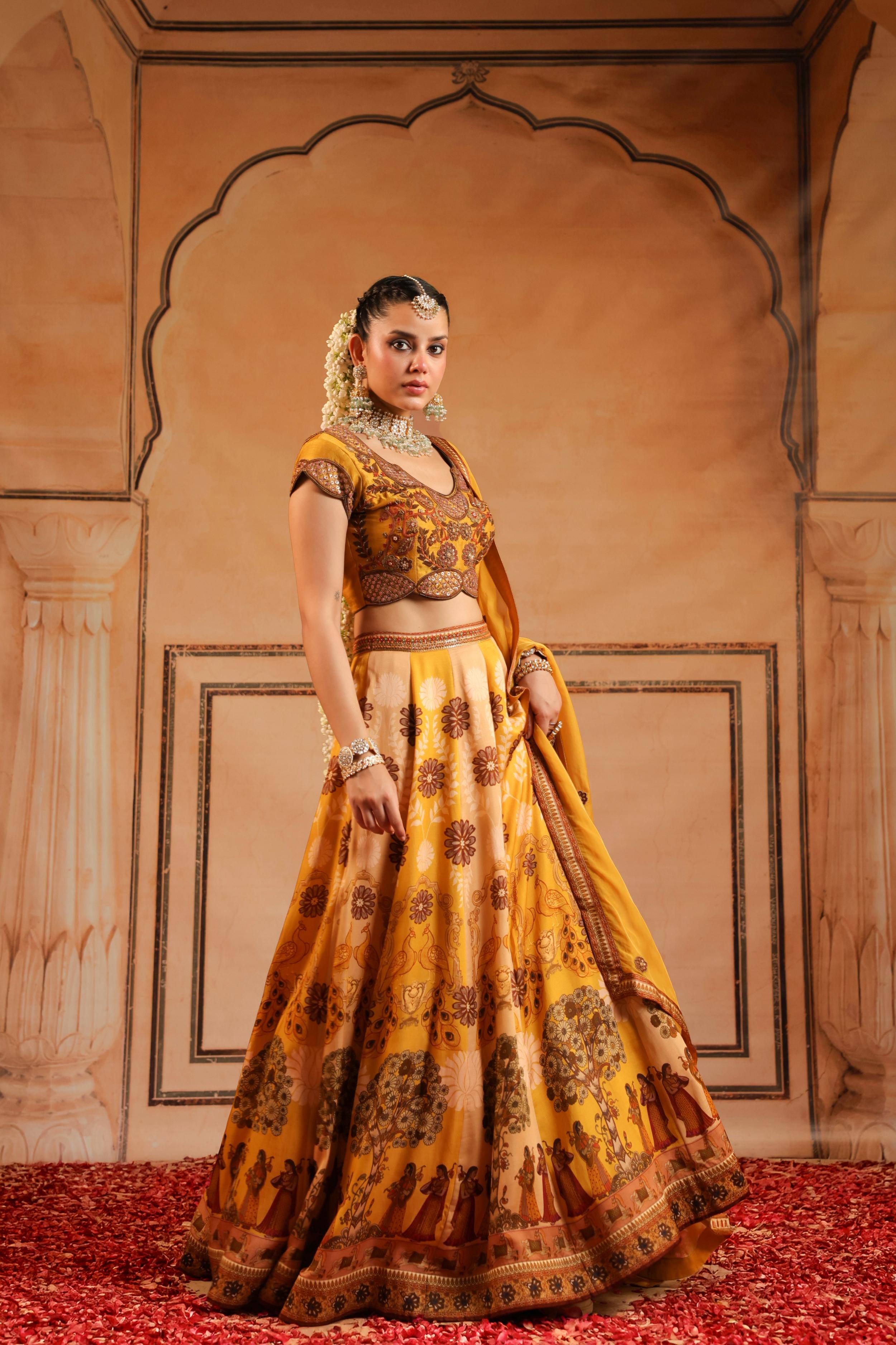 Mustard Yellow Embellished Raw Silk Lehenga Set