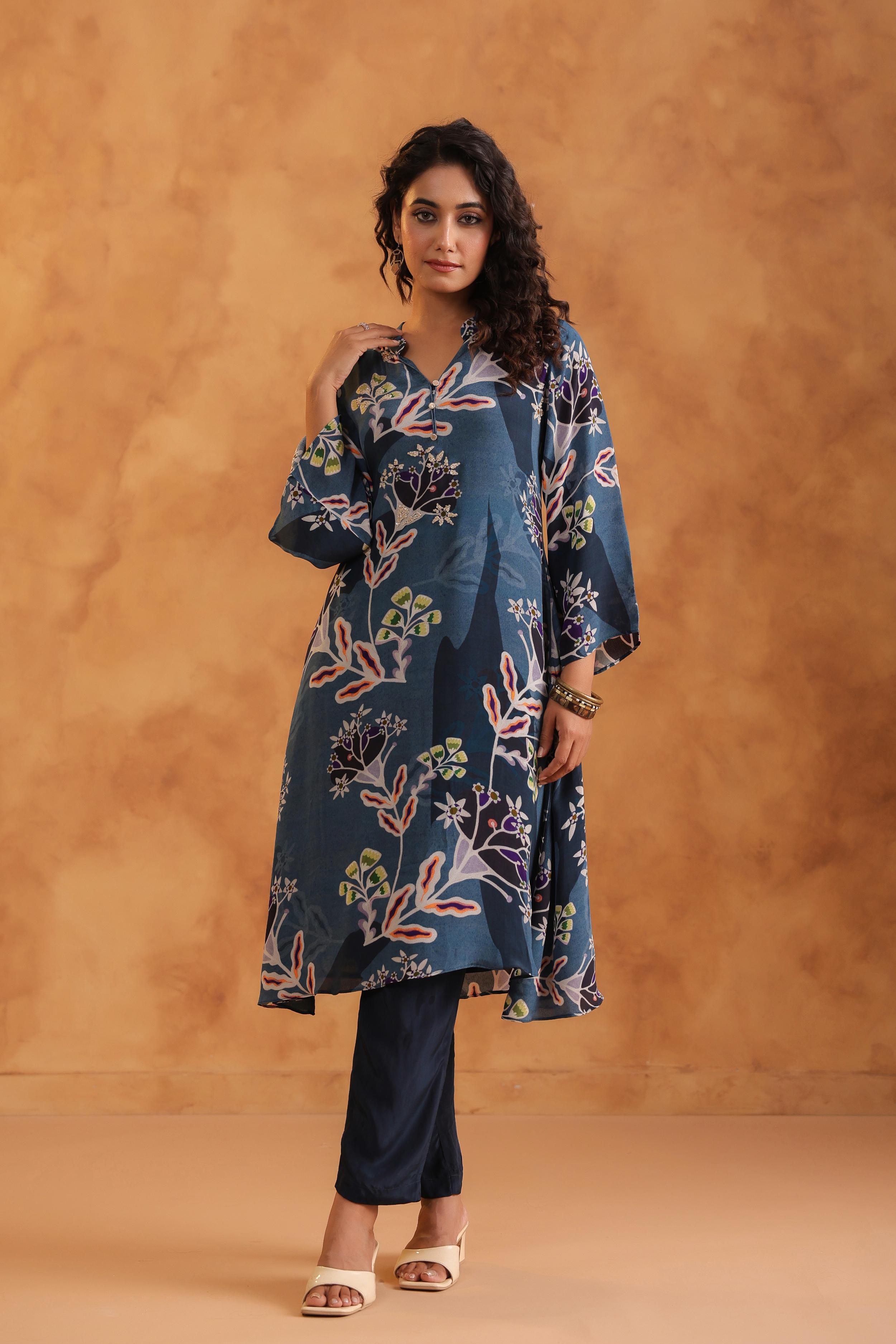 Indigo Printed Viscose Crepe Kurta Set