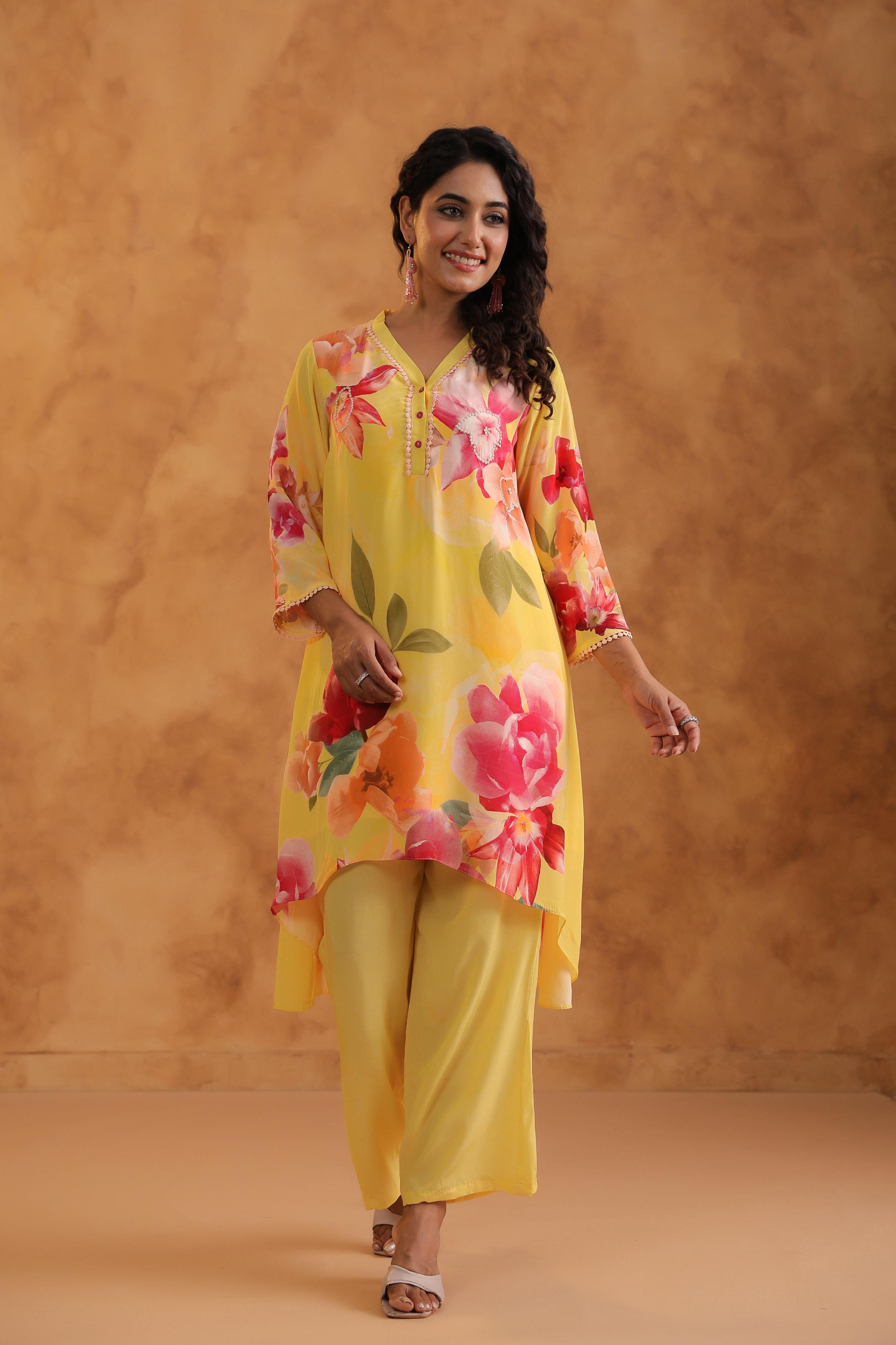 Sunshine Yellow Printed Viscose Crepe Kurta Set