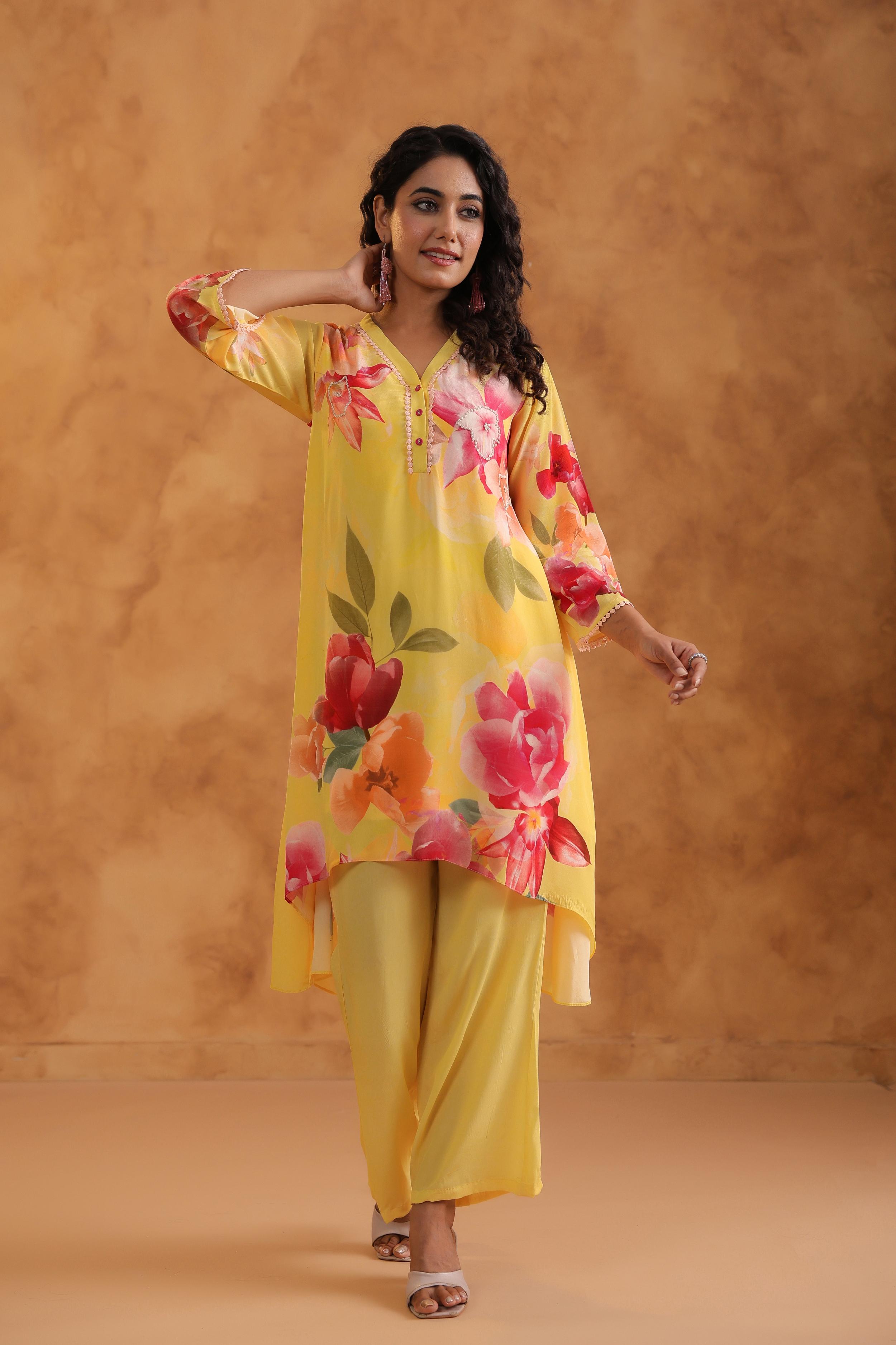 Sunshine Yellow Printed Viscose Crepe Kurta Set