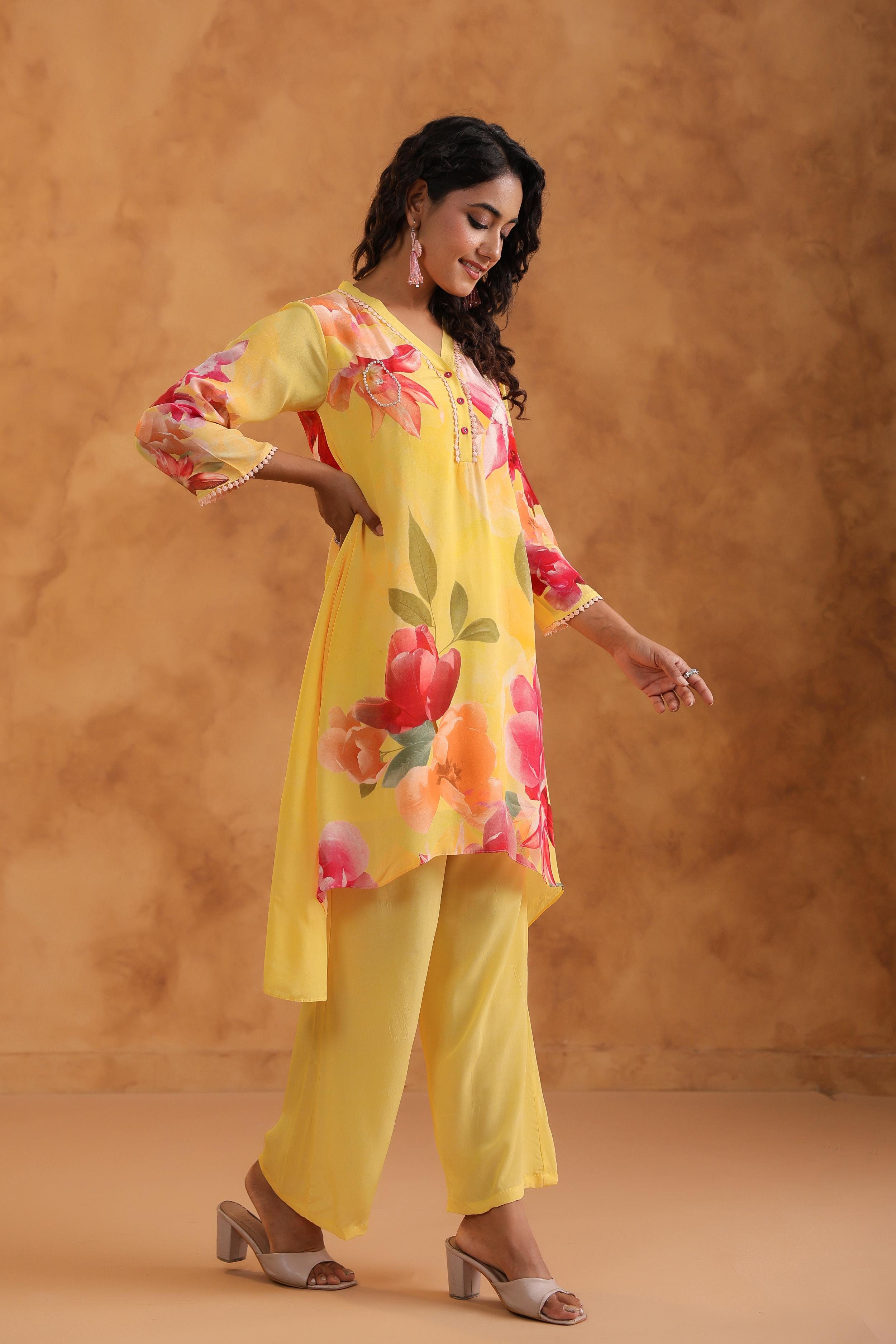 Sunshine Yellow Printed Viscose Crepe Kurta Set