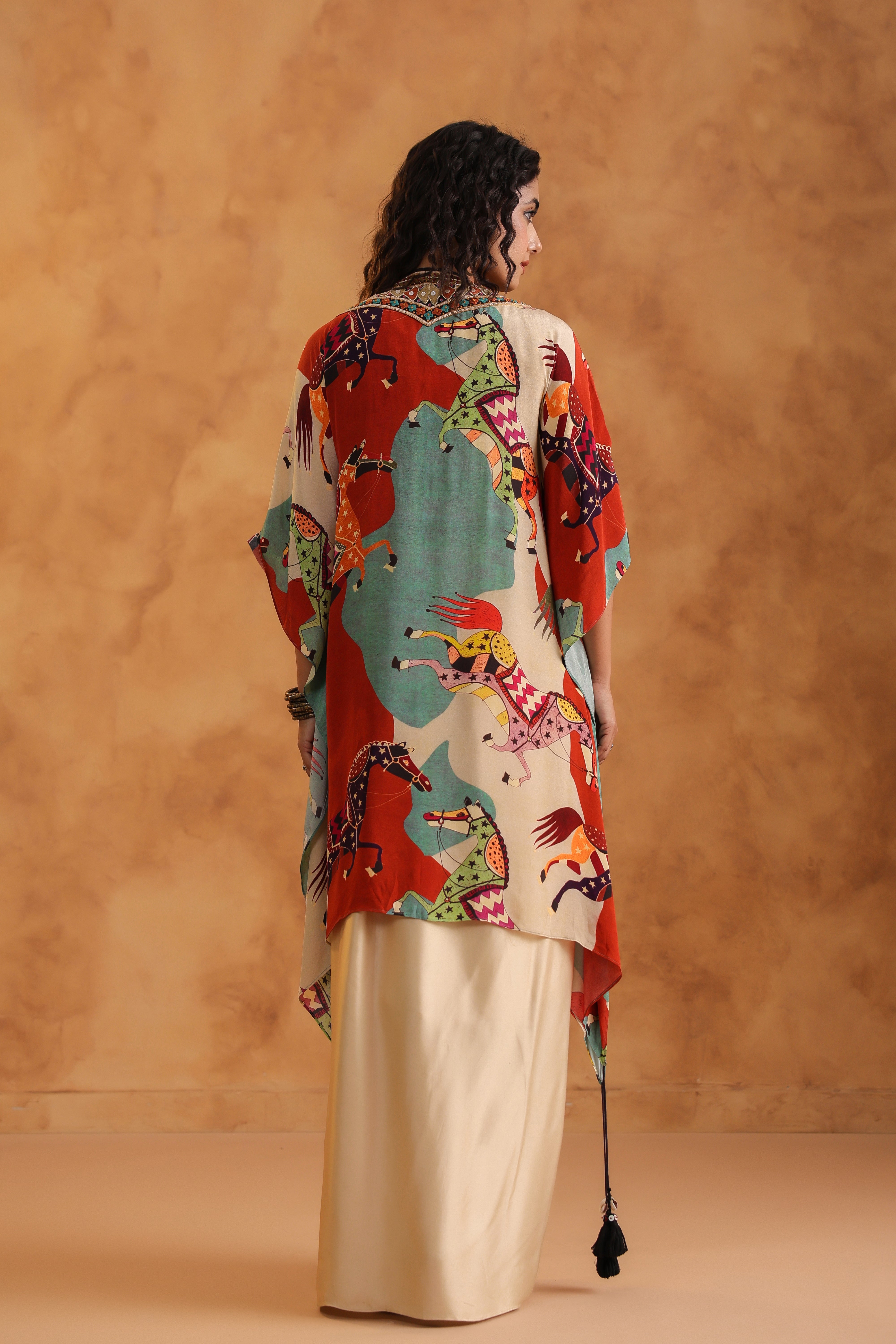 Creamy Beige Printed Viscose Crepe Cape Set