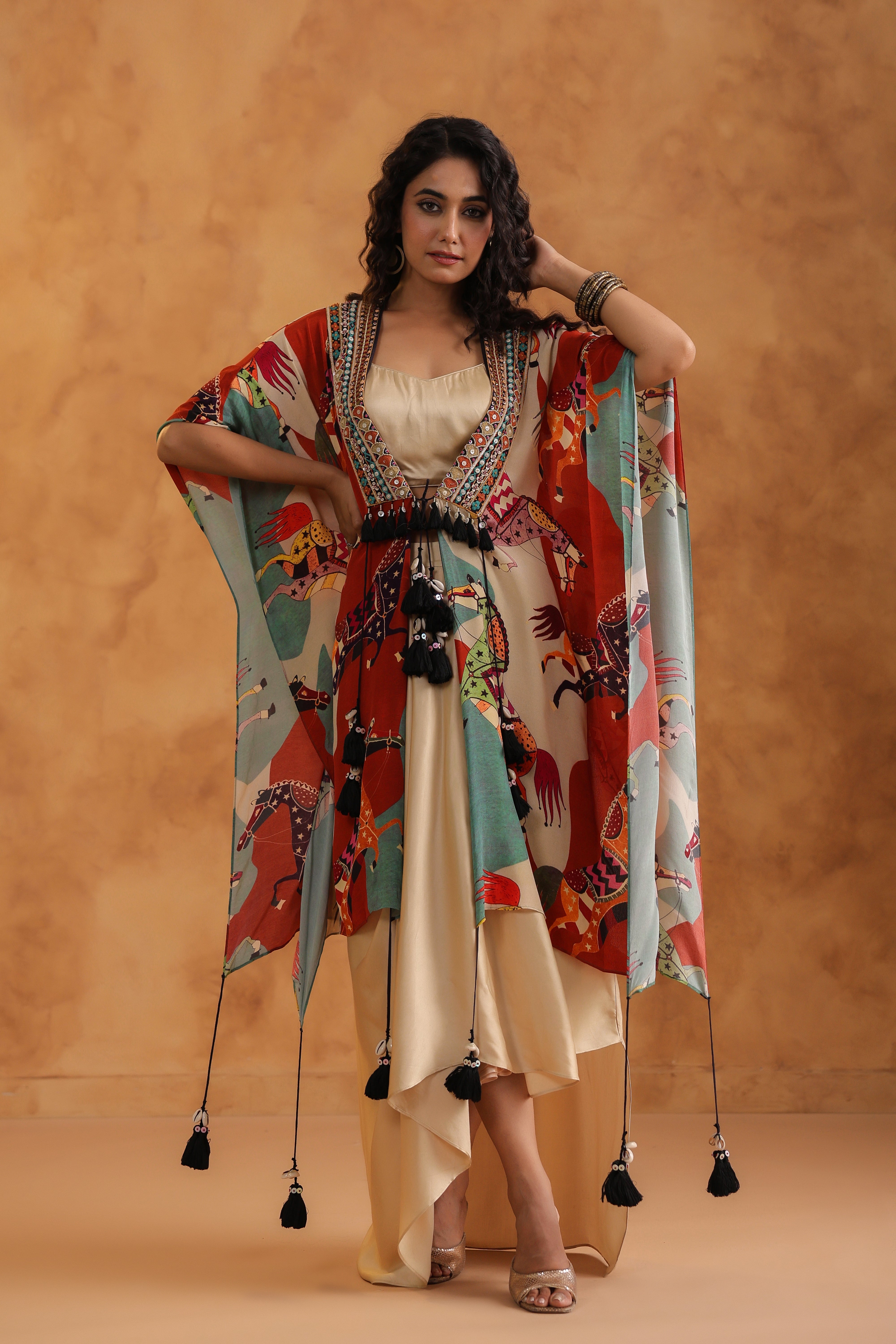 Creamy Beige Printed Viscose Crepe Cape Set