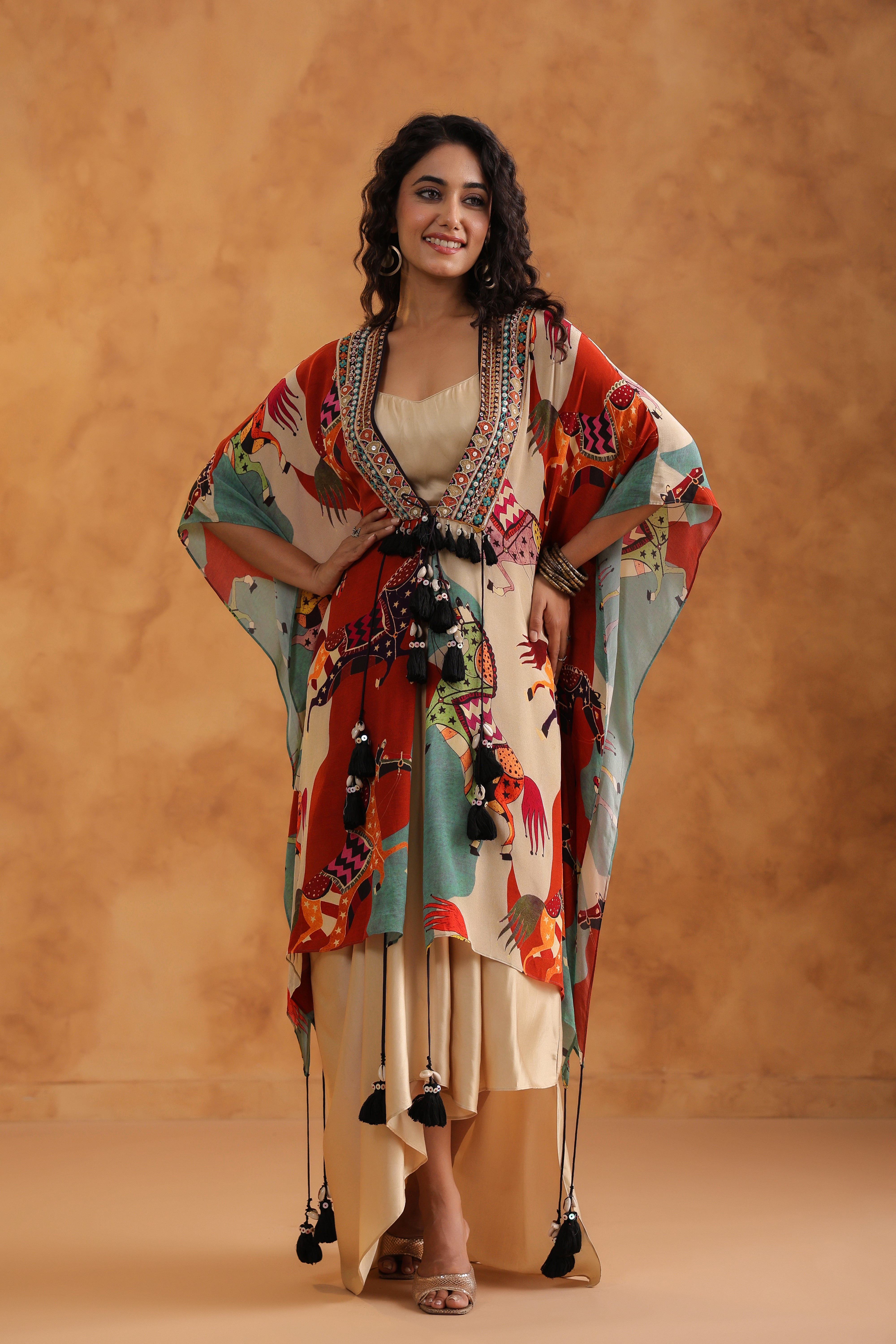 Creamy Beige Printed Viscose Crepe Cape Set