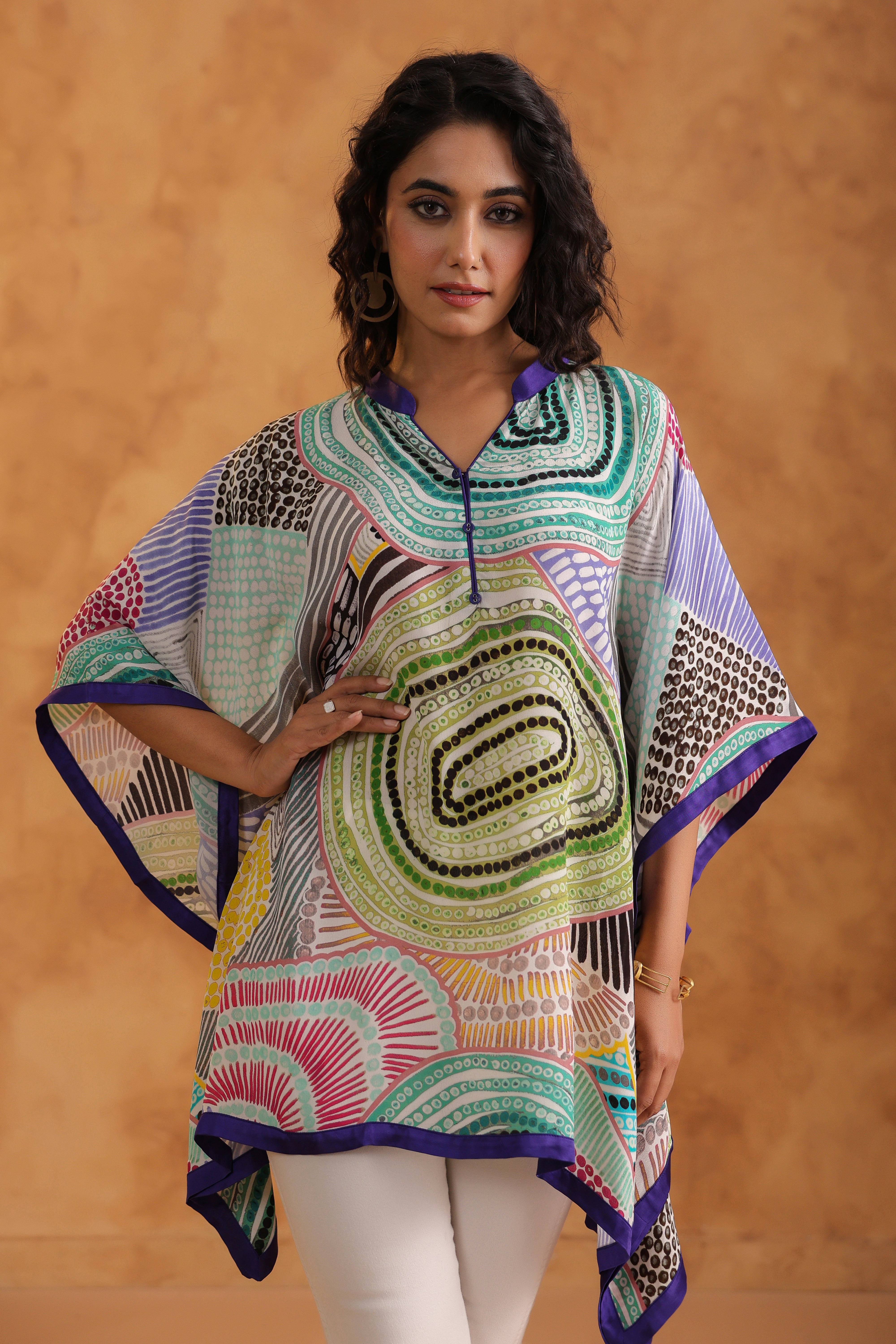 Multi-Color Printed Viscose Crepe Poncho Top