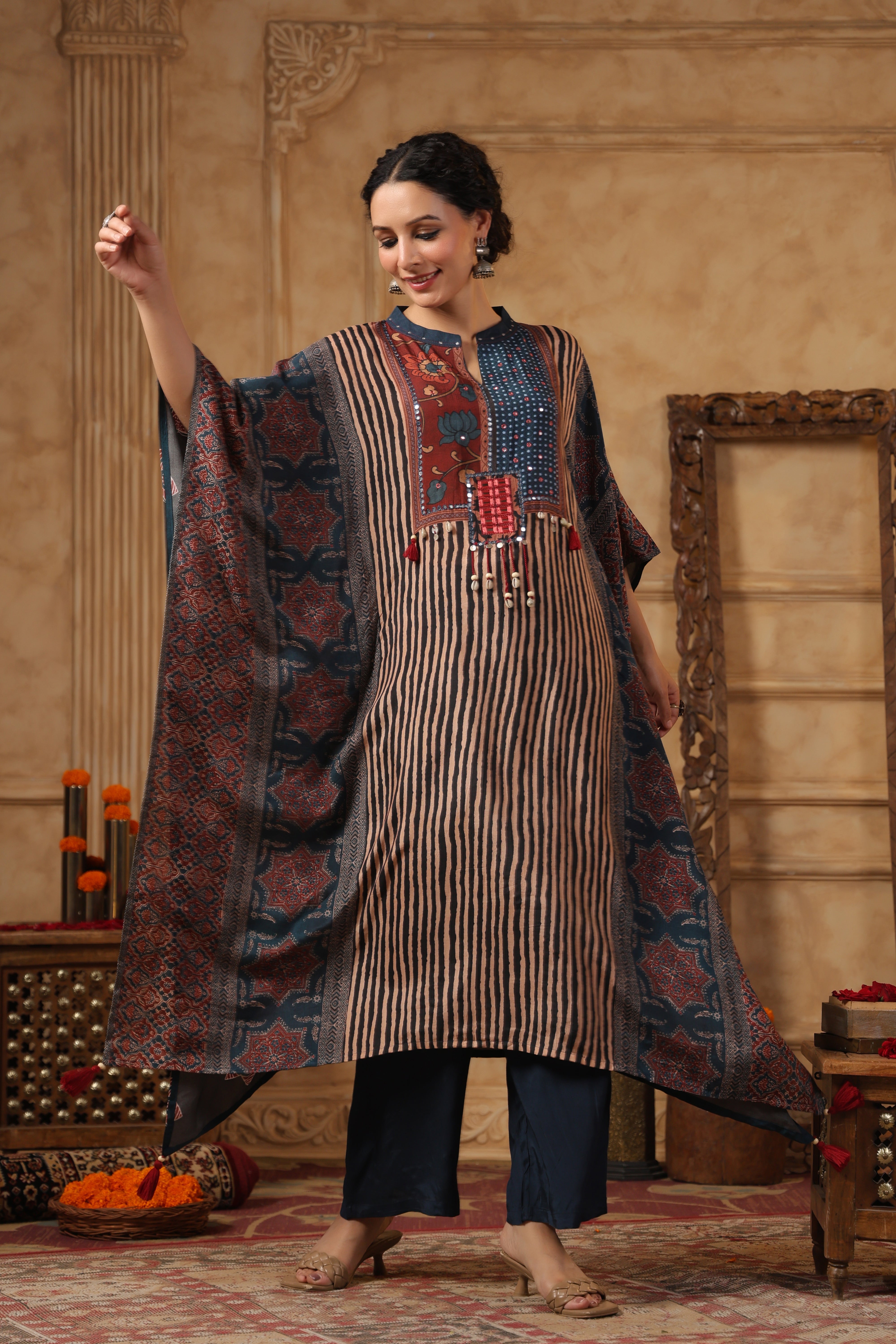Indigo Blue Floral Printed Muslin Silk Kaftan Set