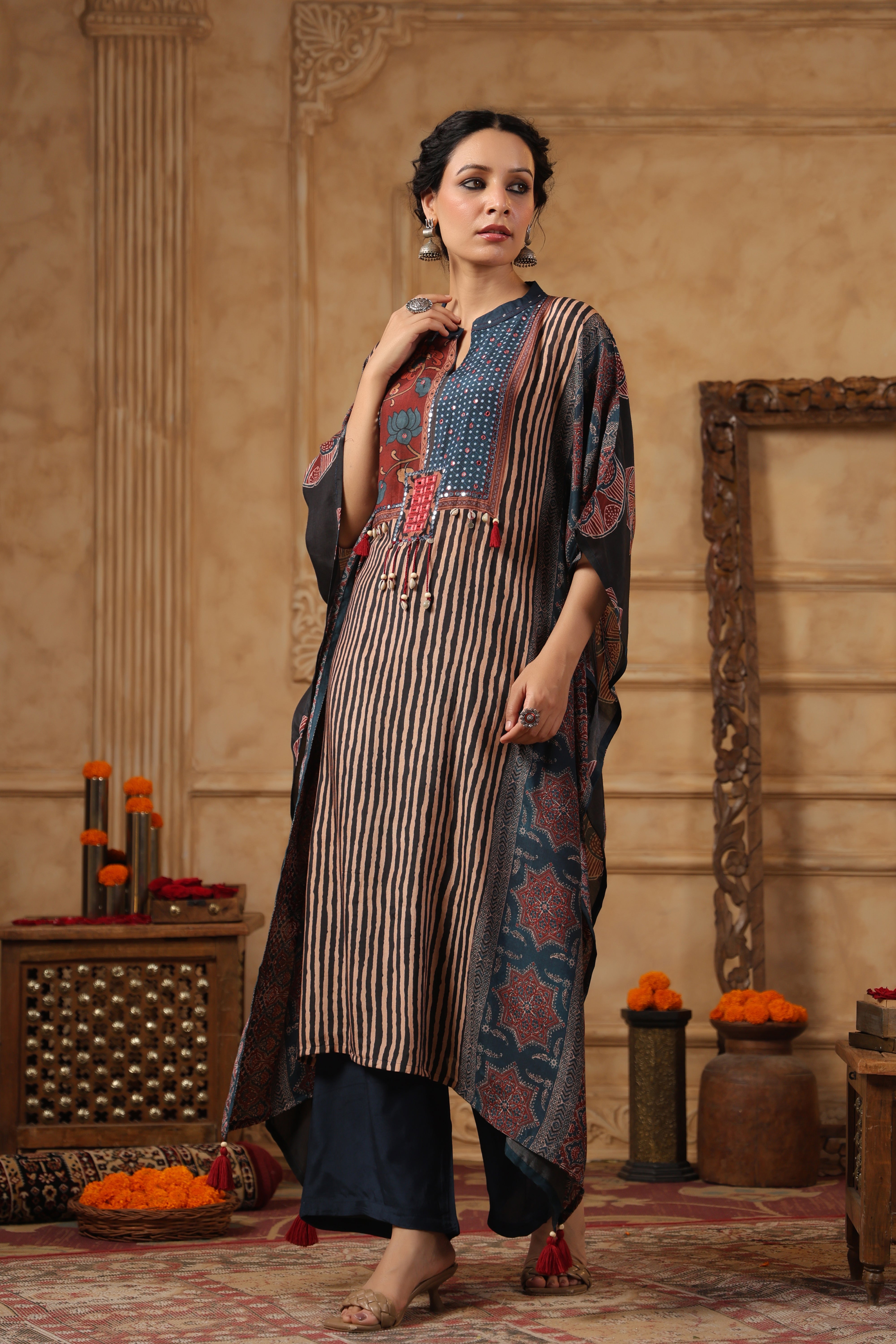 Indigo Blue Floral Printed Muslin Silk Kaftan Set