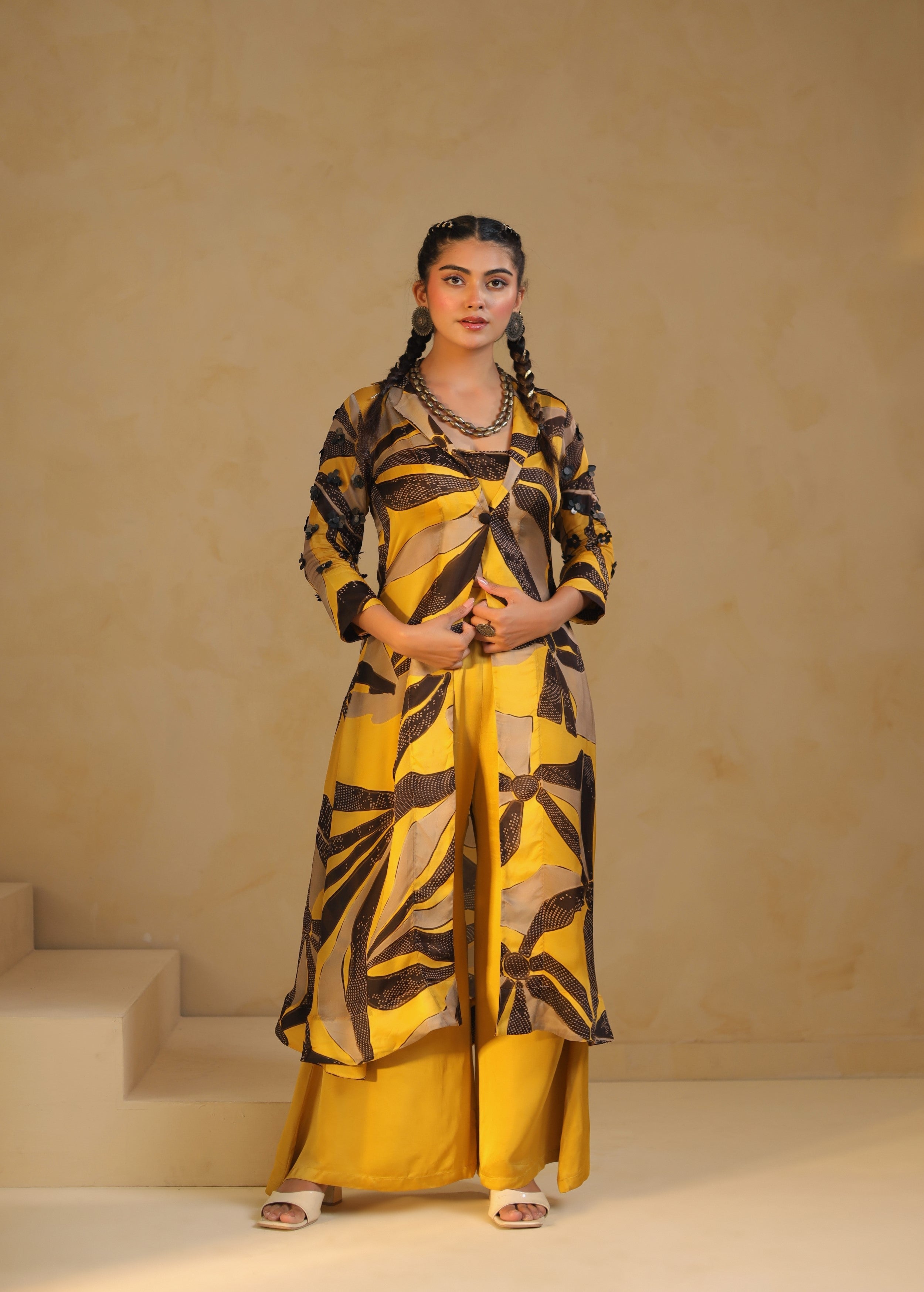 Sunshine Yellow Printed Satin Silk Jacket Palazzo Set