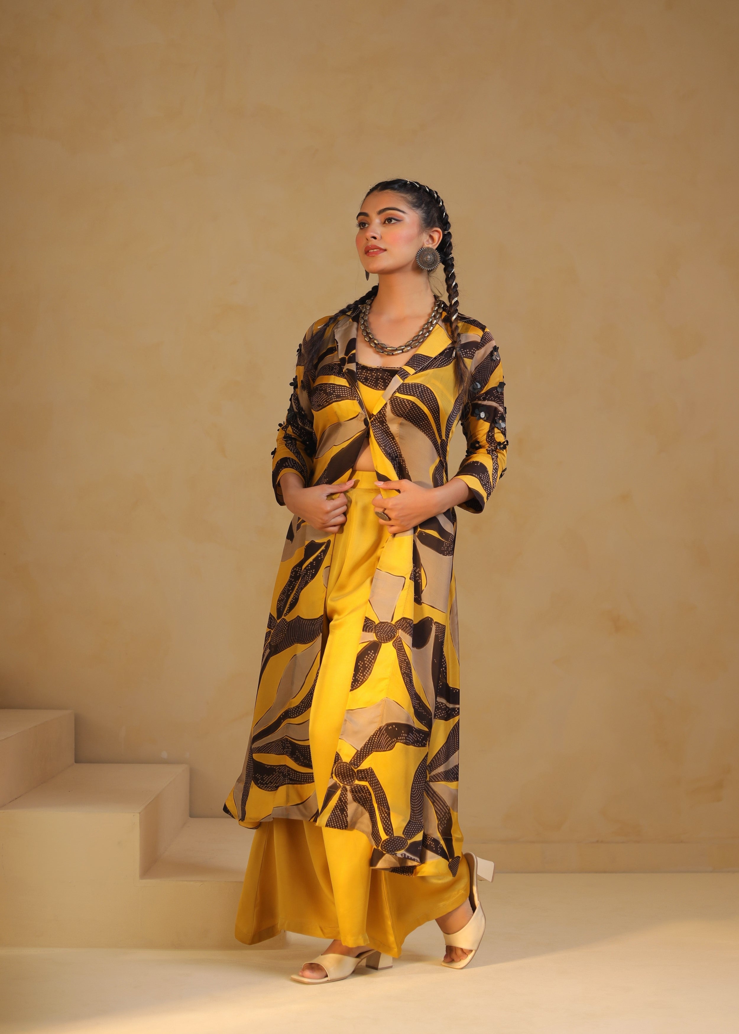 Sunshine Yellow Printed Satin Silk Jacket Palazzo Set