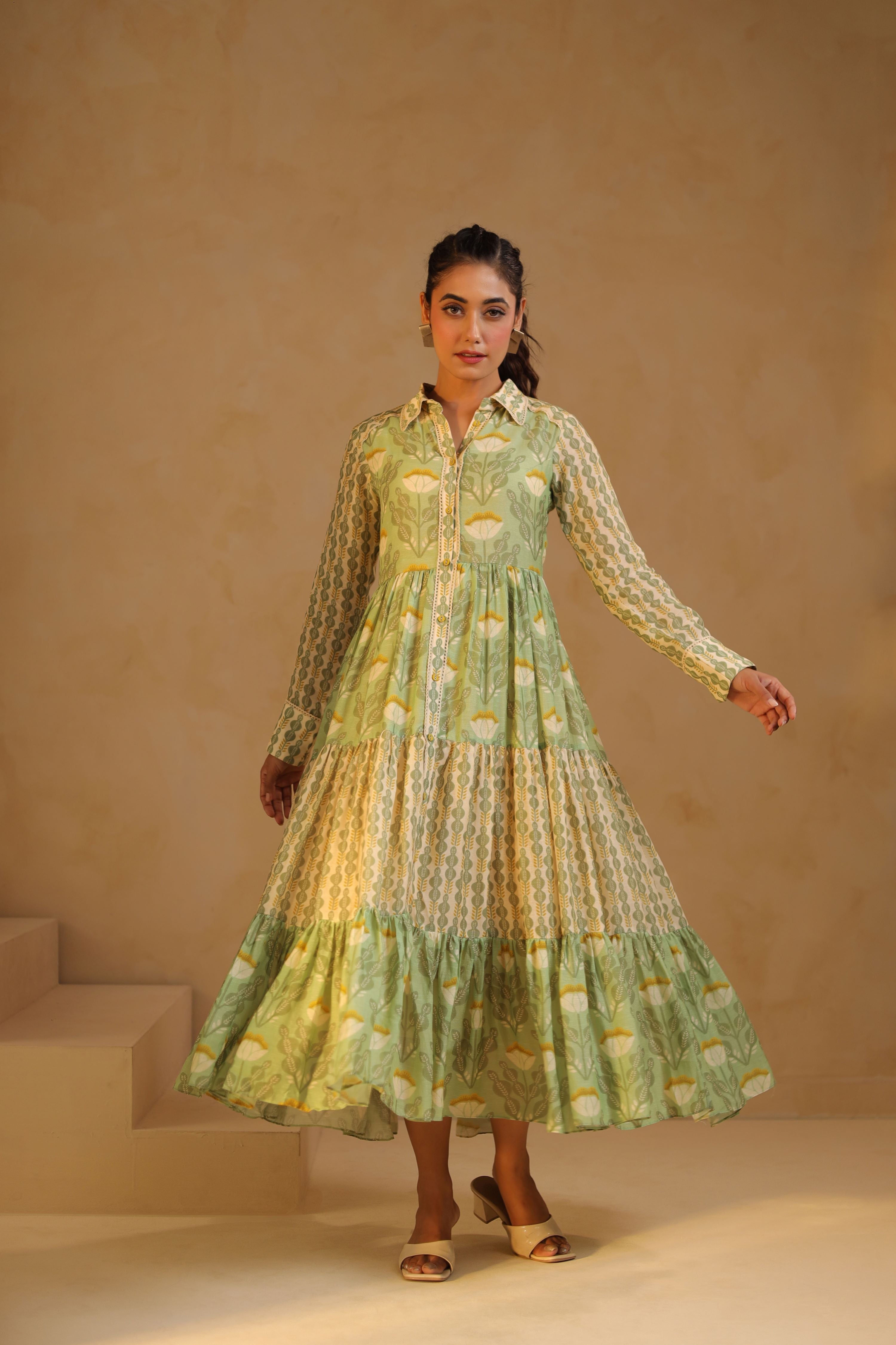 Mint Green Linen Printed Flayered Dress