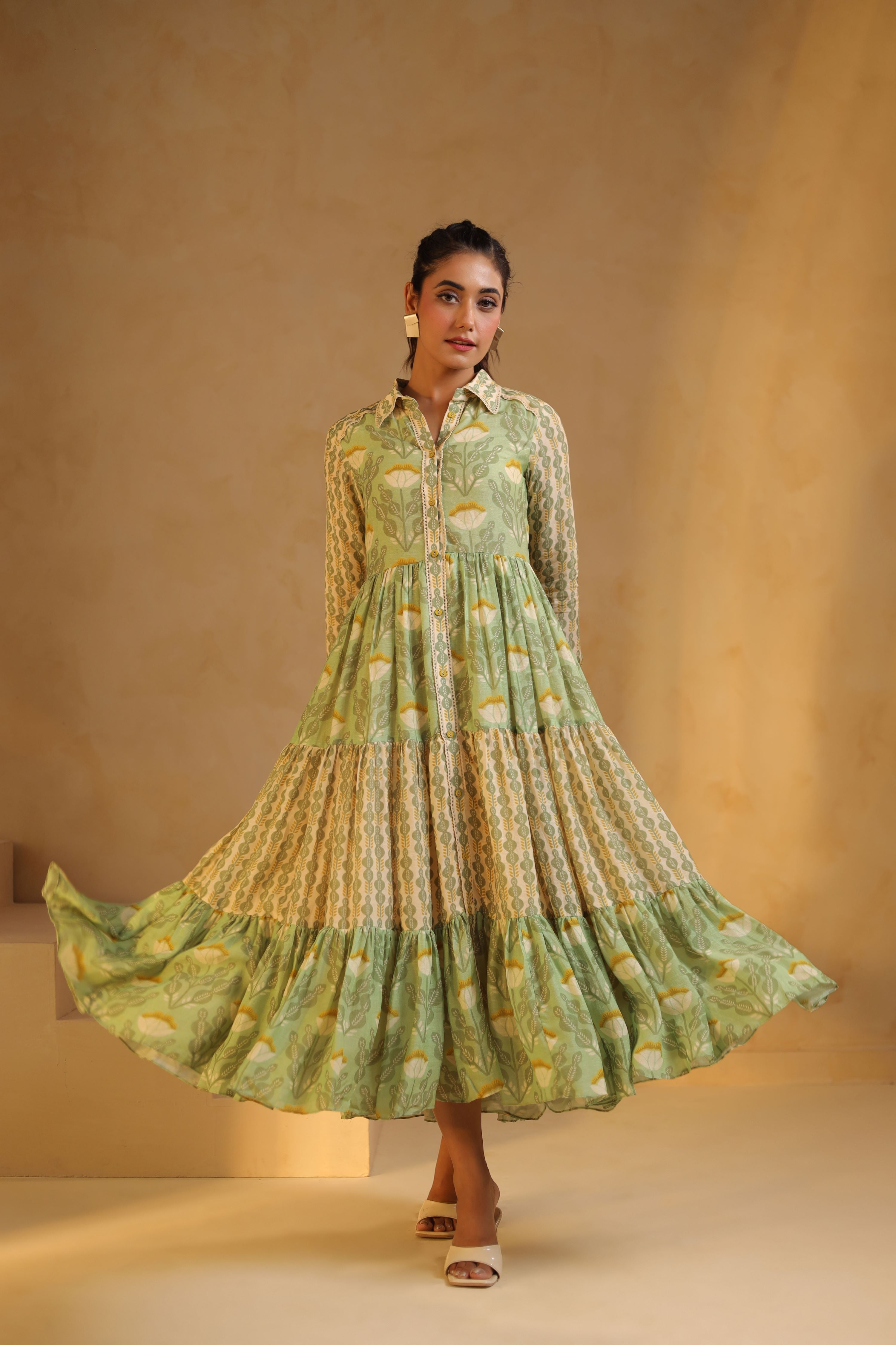 Mint Green Linen Printed Flayered Dress