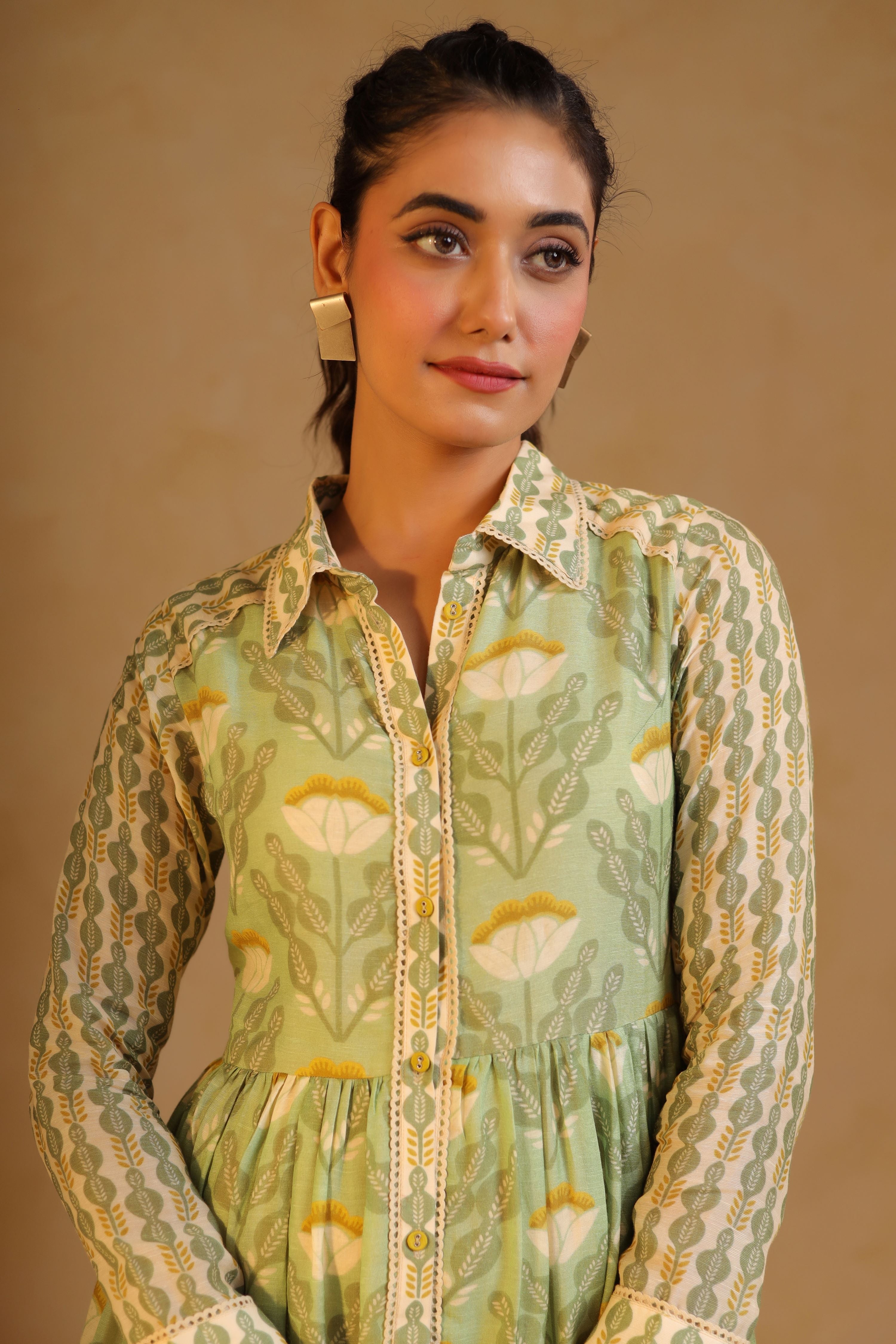 Mint Green Linen Printed Flayered Dress