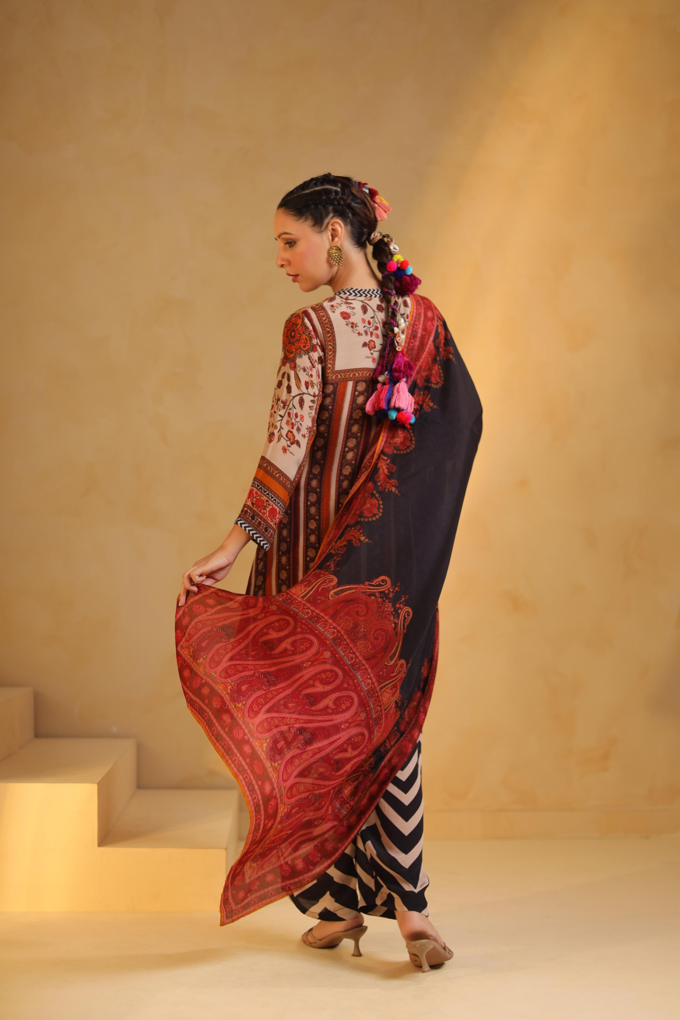 Multicolor Printed Dola Silk Pant Set