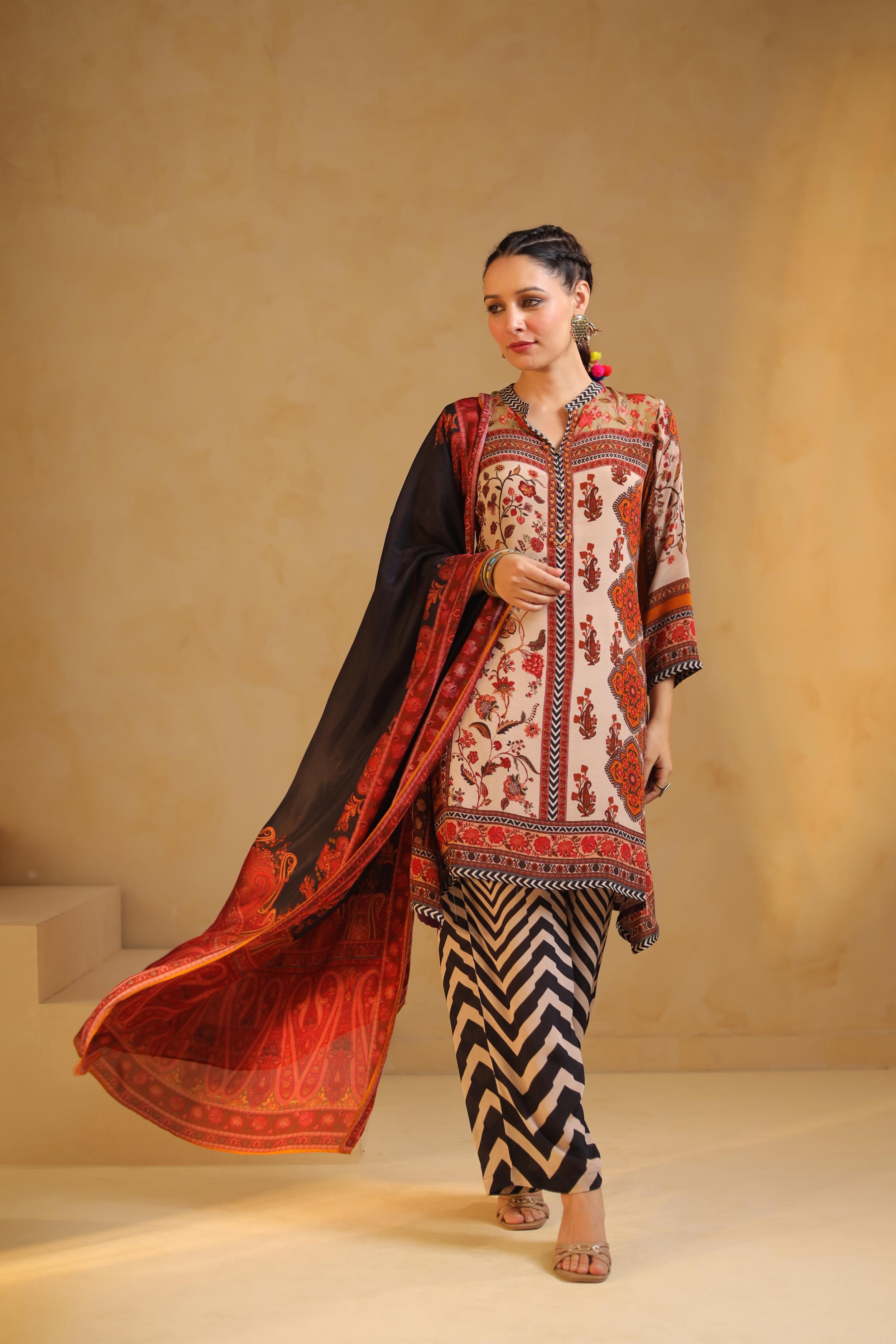 Multicolor Printed Dola Silk Pant Set