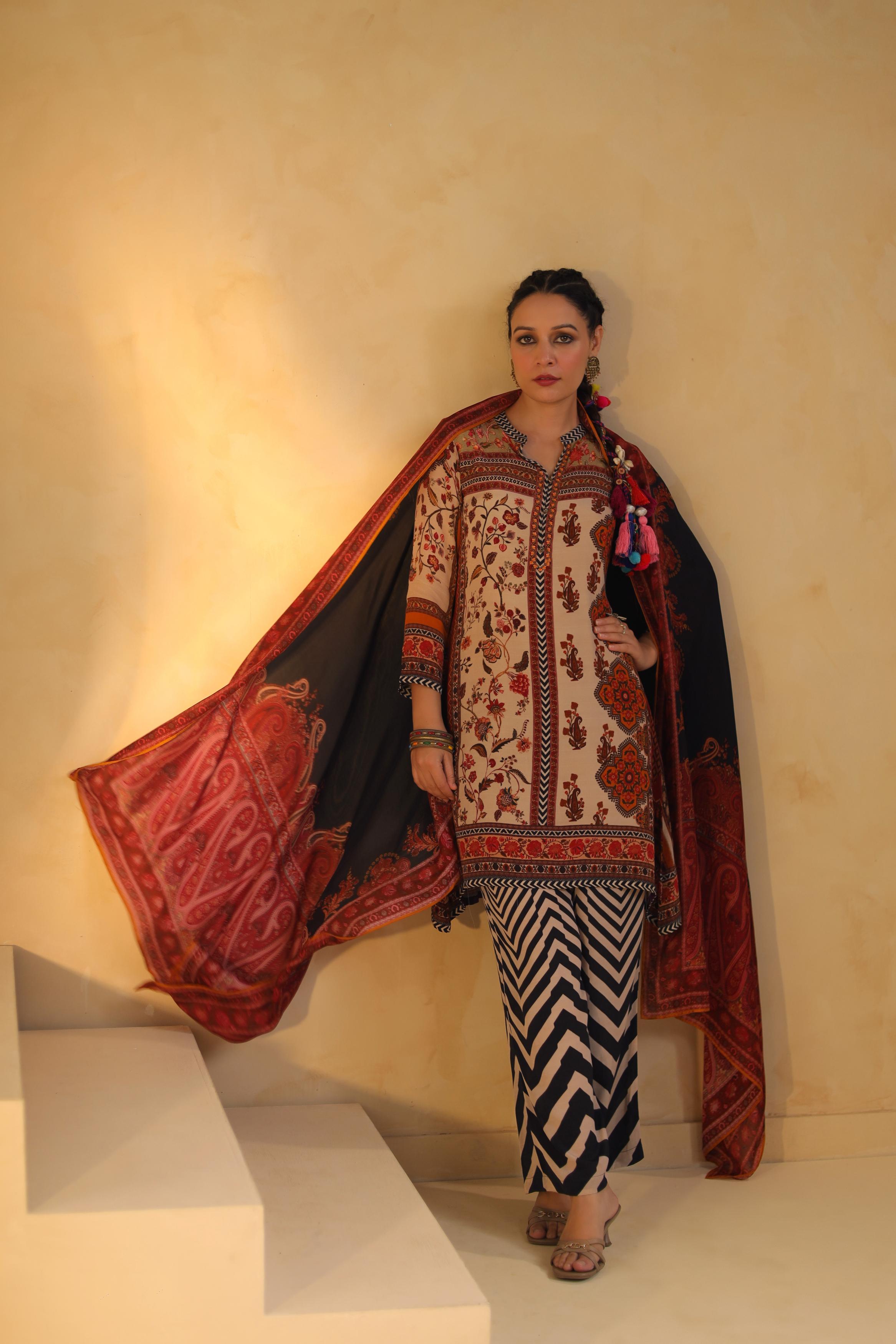 Multicolor Printed Dola Silk Pant Set
