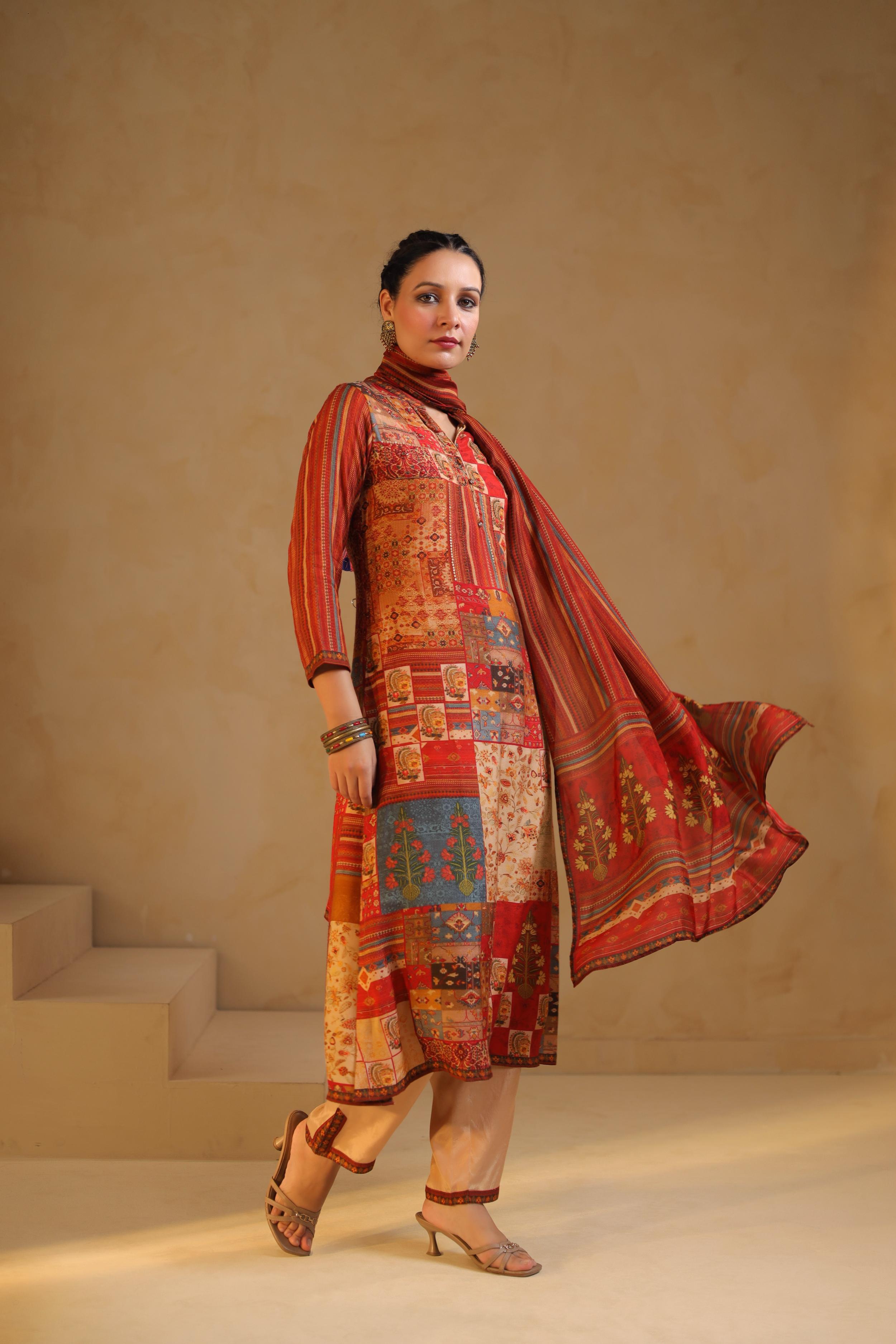 Rust Red Printed Dola Silk Pant Set