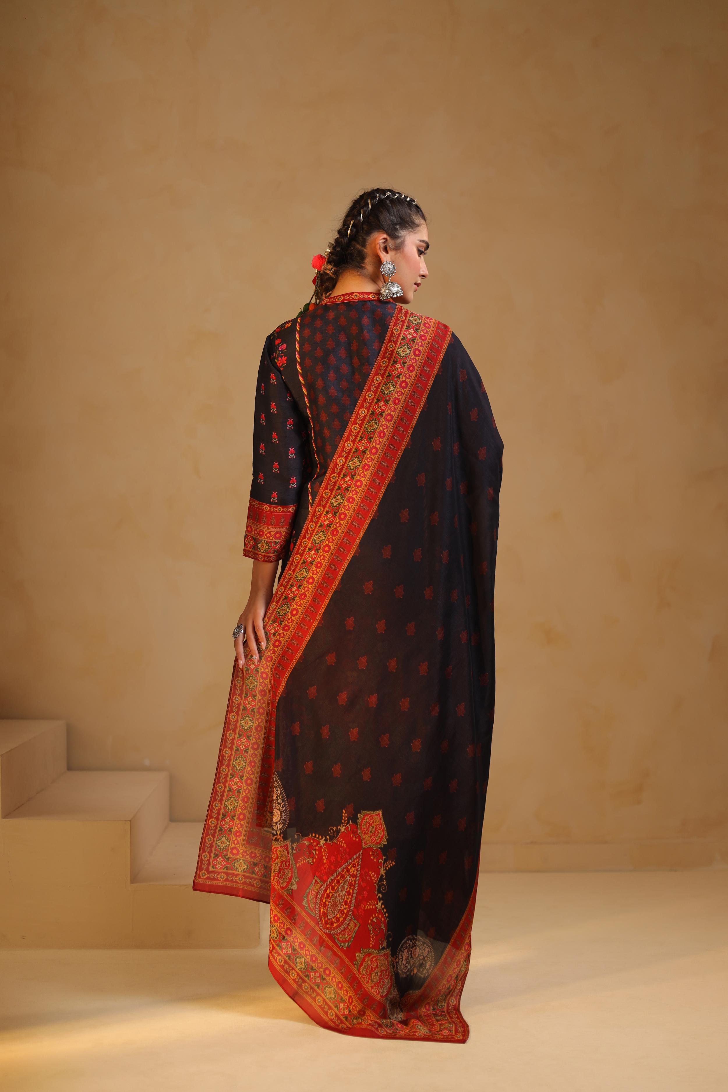 Black Printed Dola Silk Pant Set
