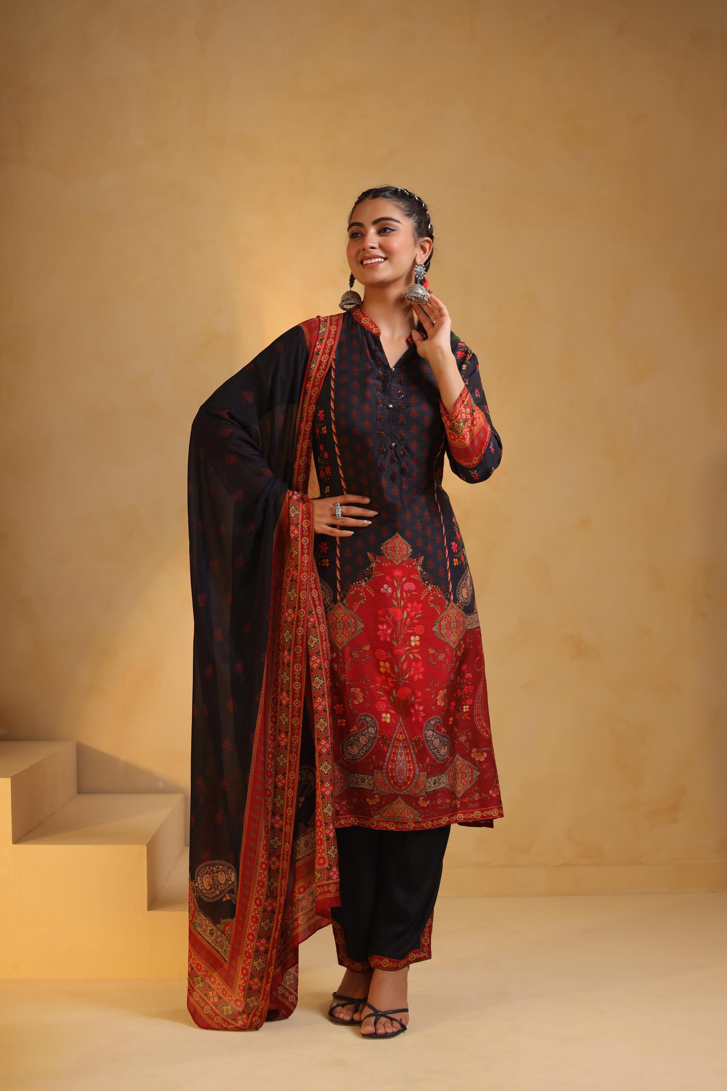 Black Printed Dola Silk Pant Set