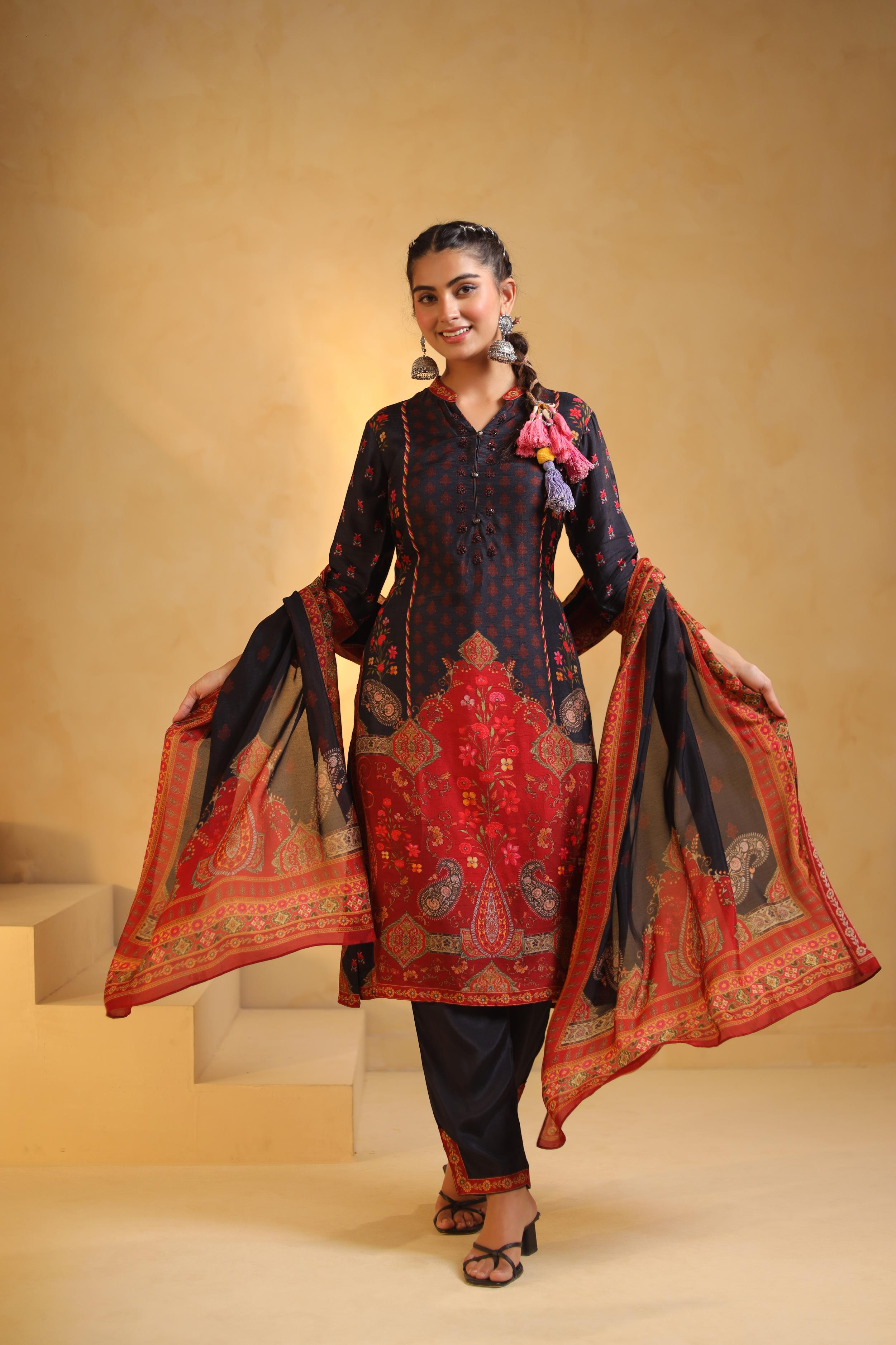 Black Printed Dola Silk Pant Set