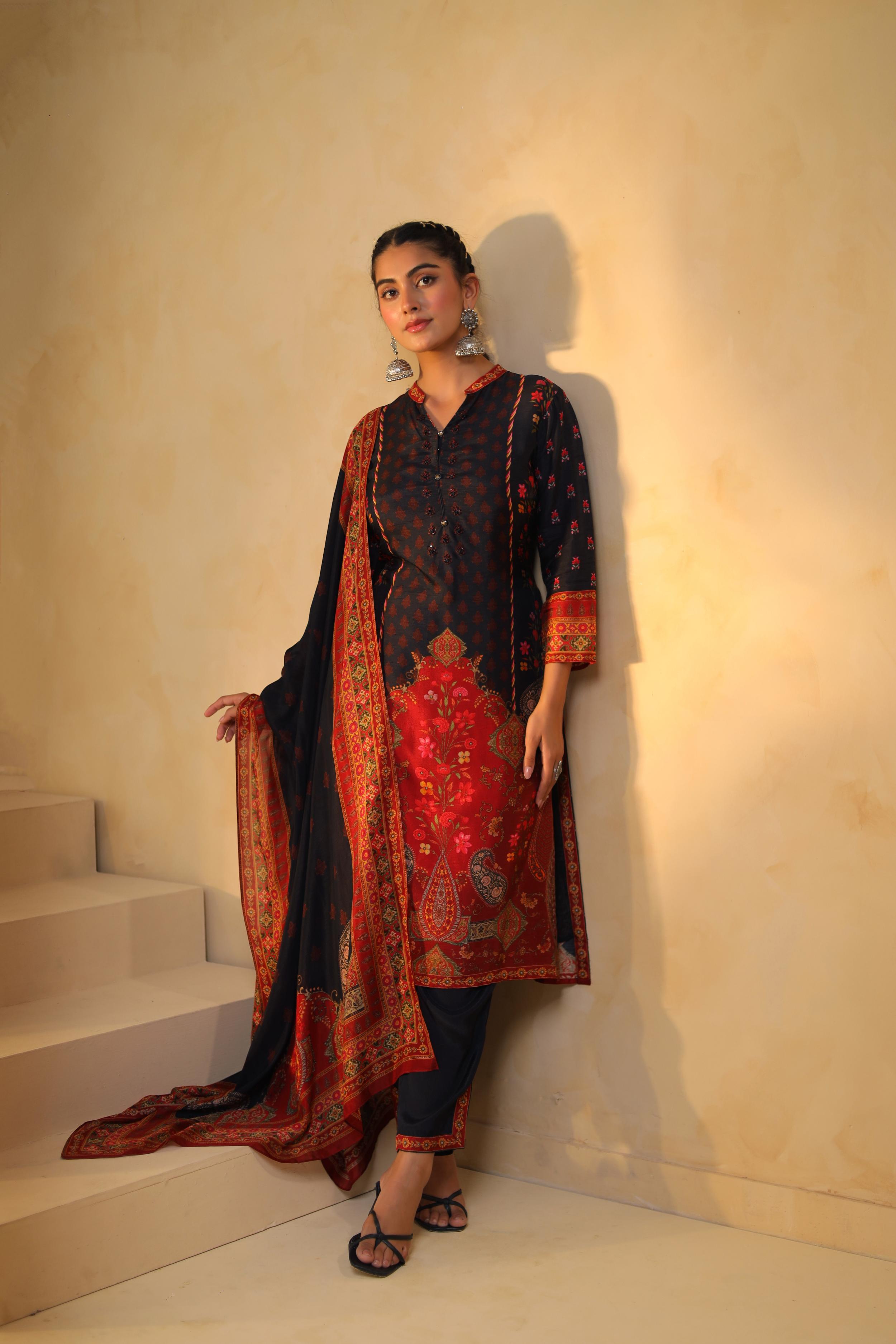 Black Printed Dola Silk Pant Set