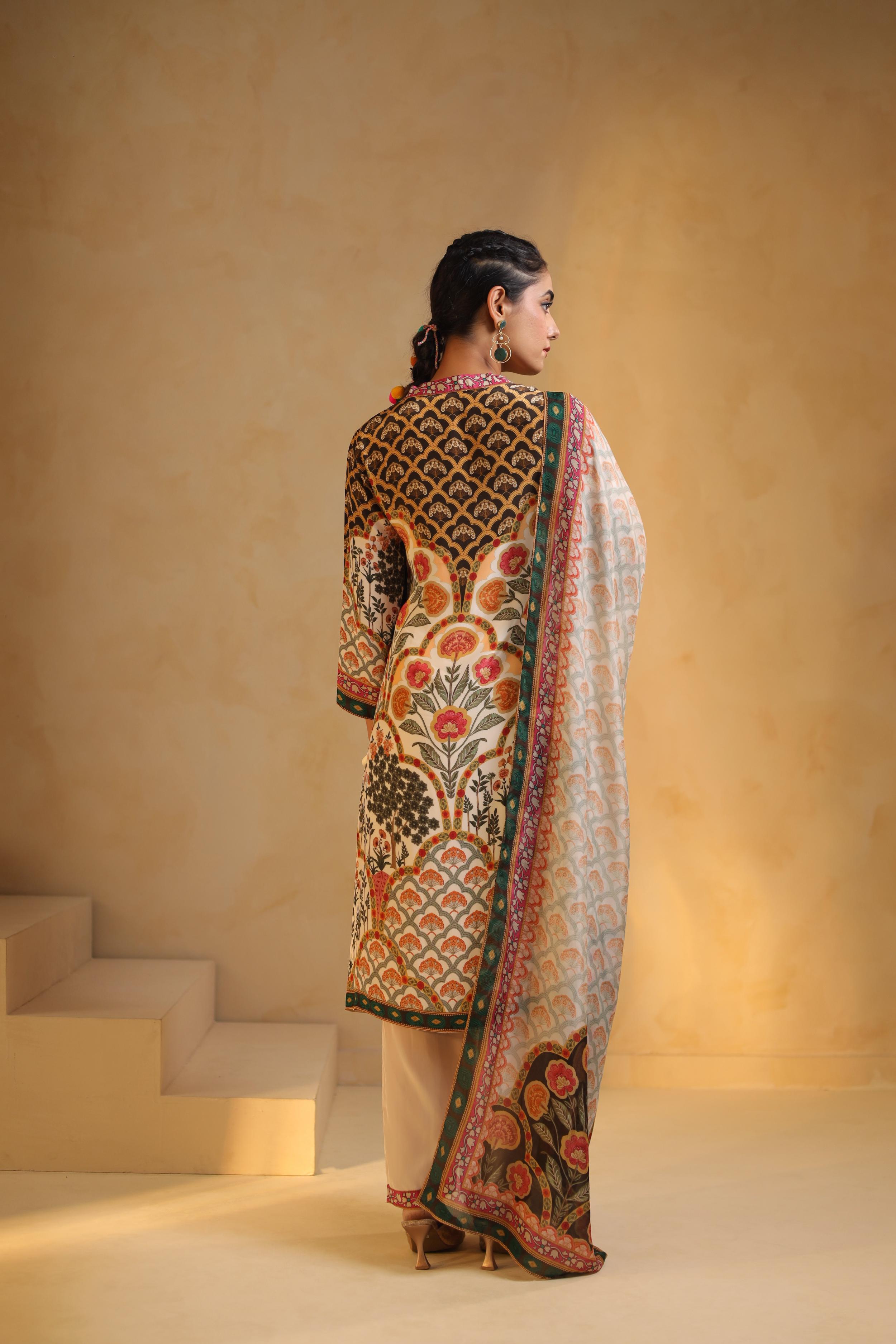 Ivory Printed Viscose Crepe Silk Pant Set