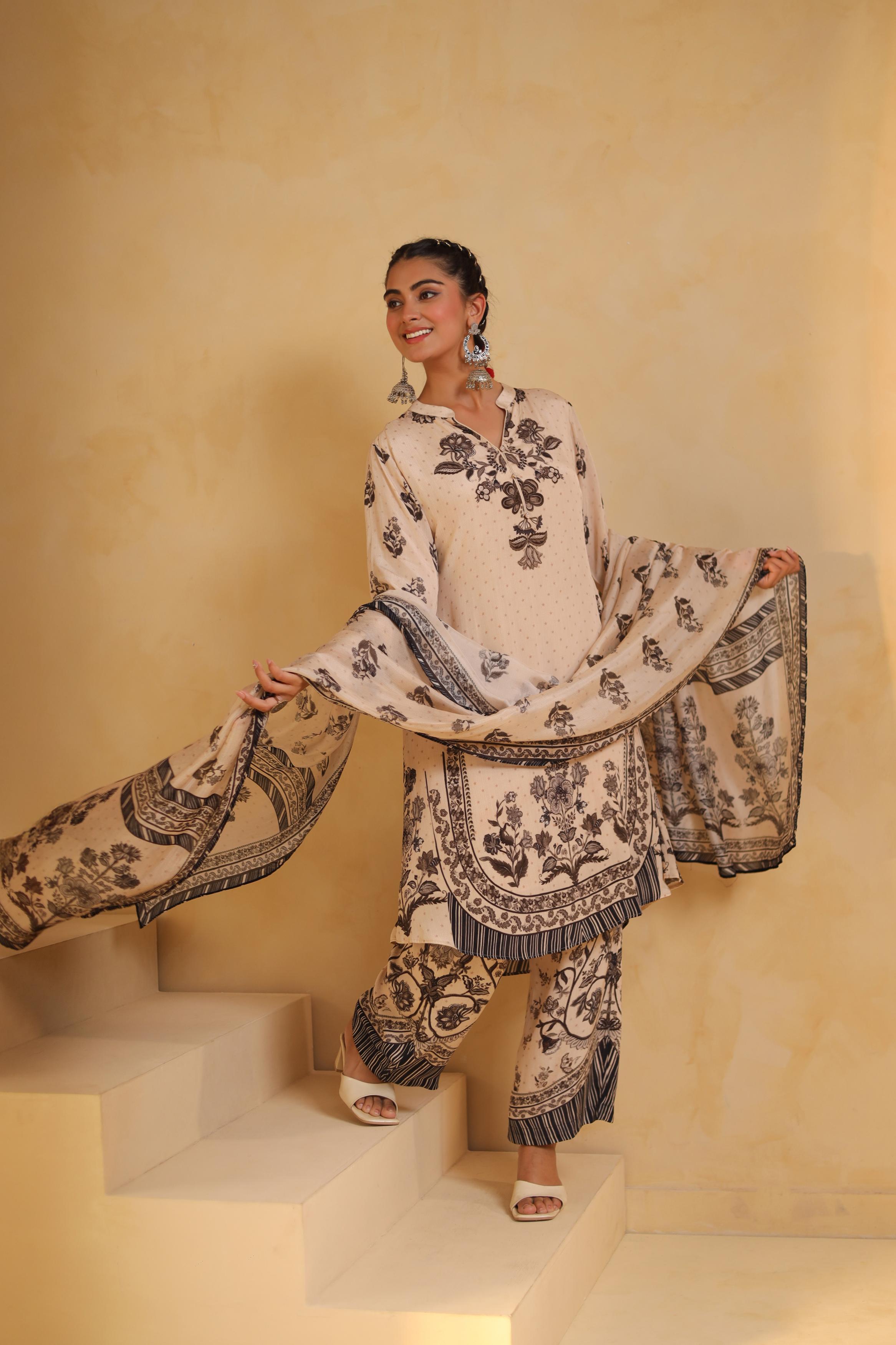Beige Printed Viscose Crepe Silk Pant Set
