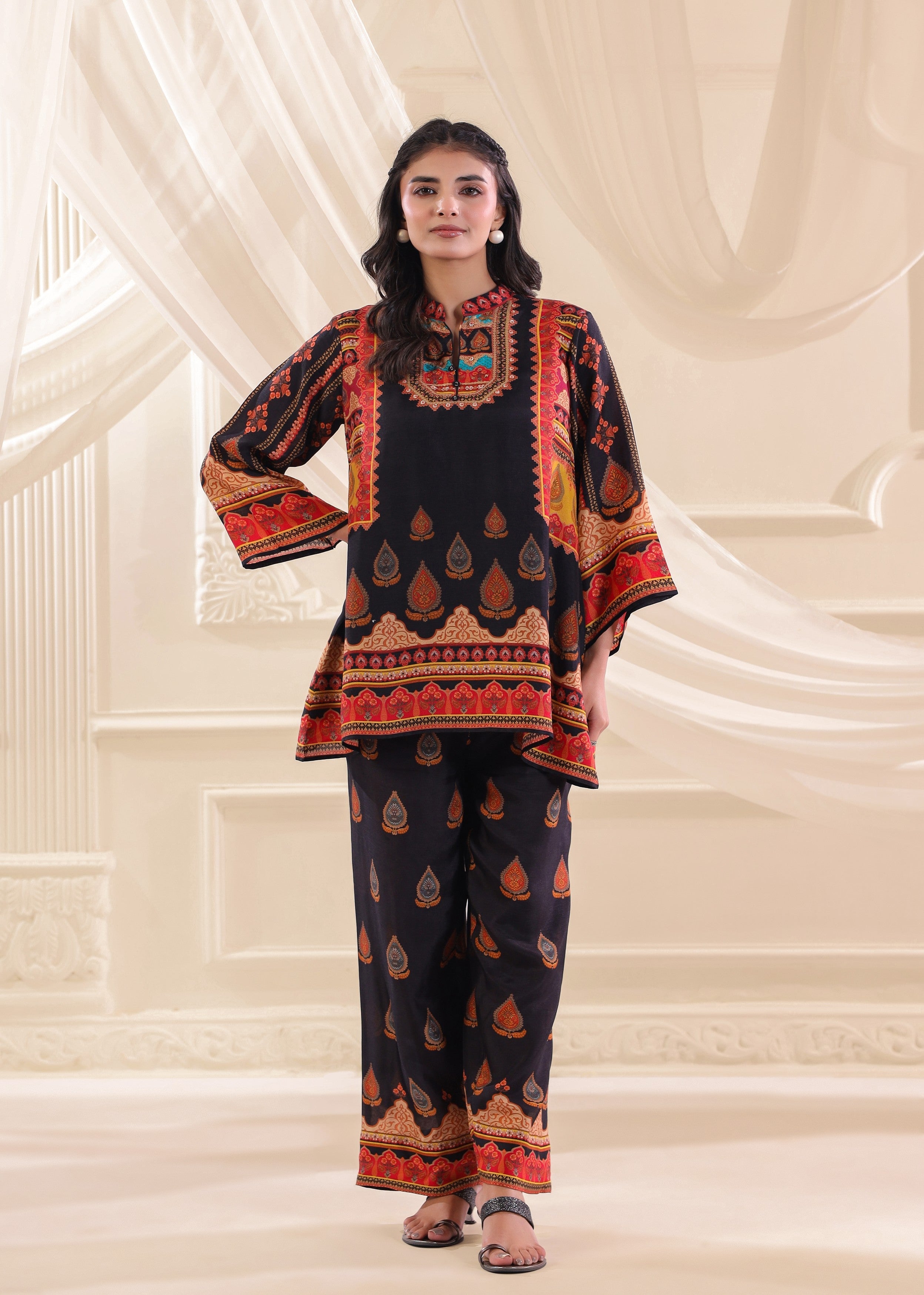 Navy Blue Embellished Dola Silk Co-Ord Set