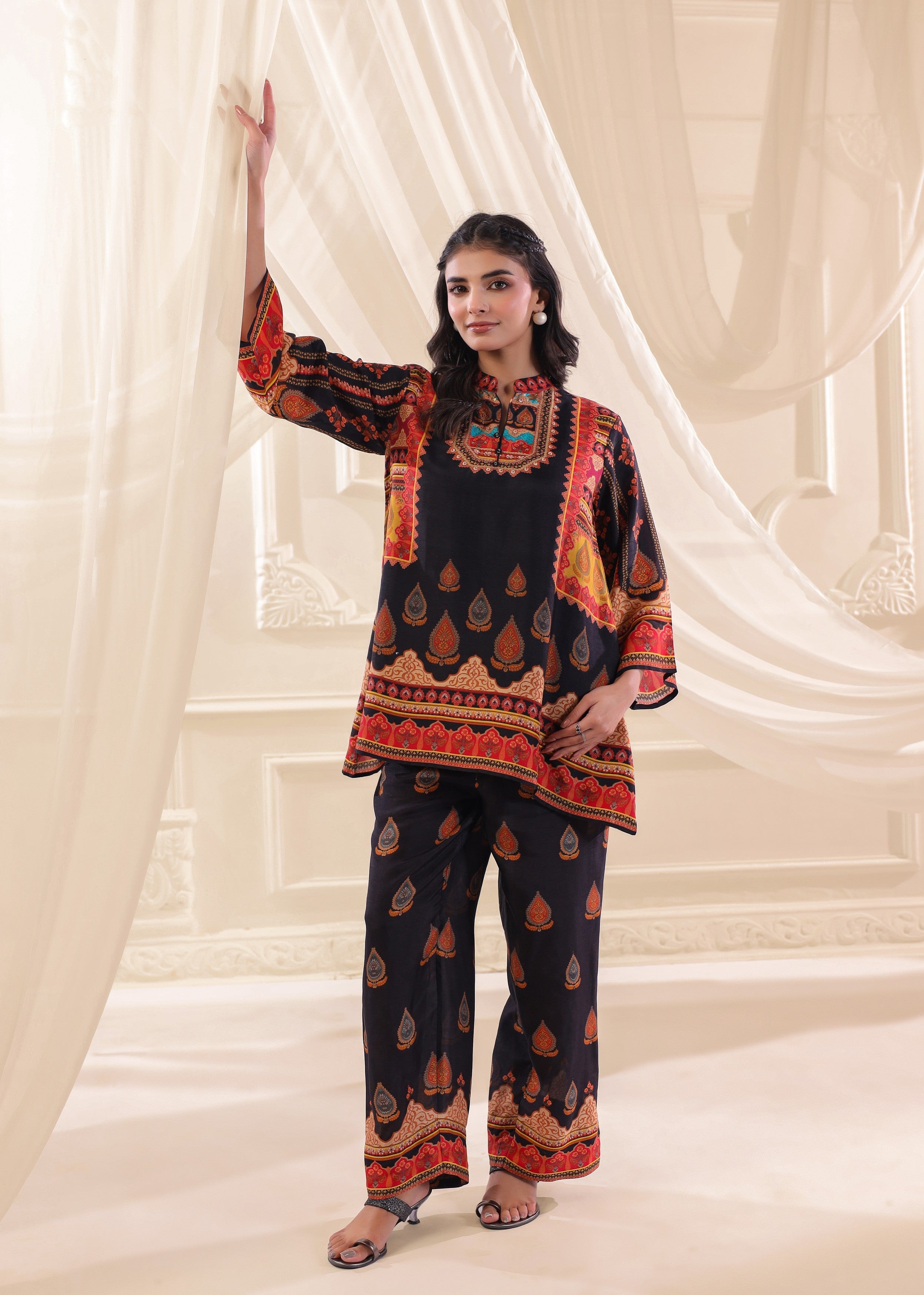 Navy Blue Embellished Dola Silk Co-Ord Set