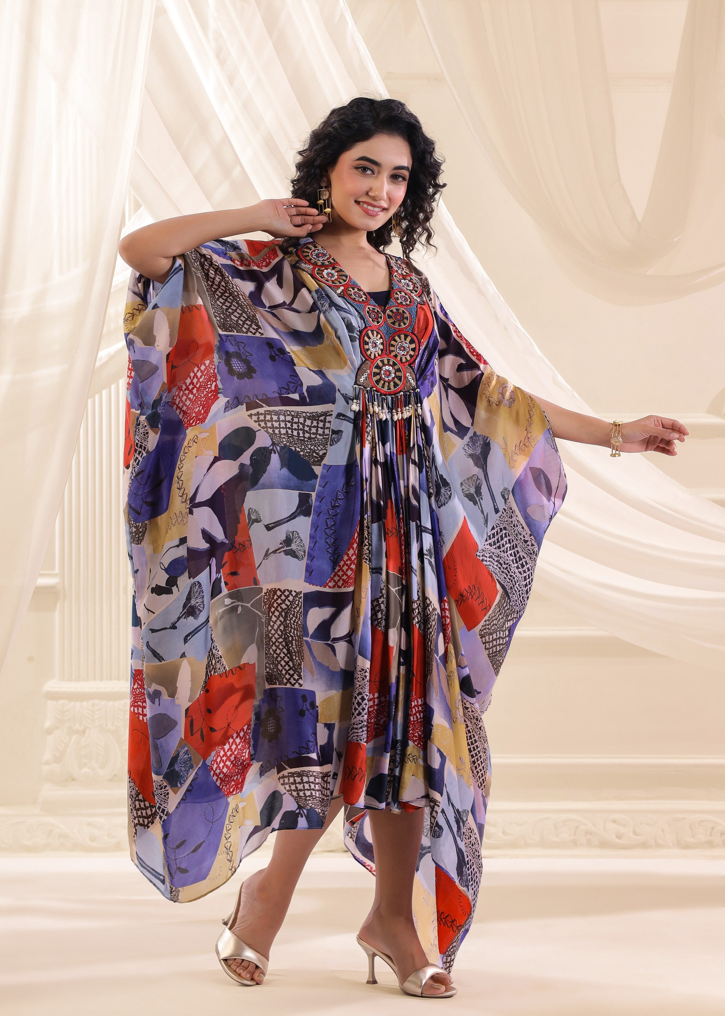 Blue Floral Embellished Satin Silk Dress