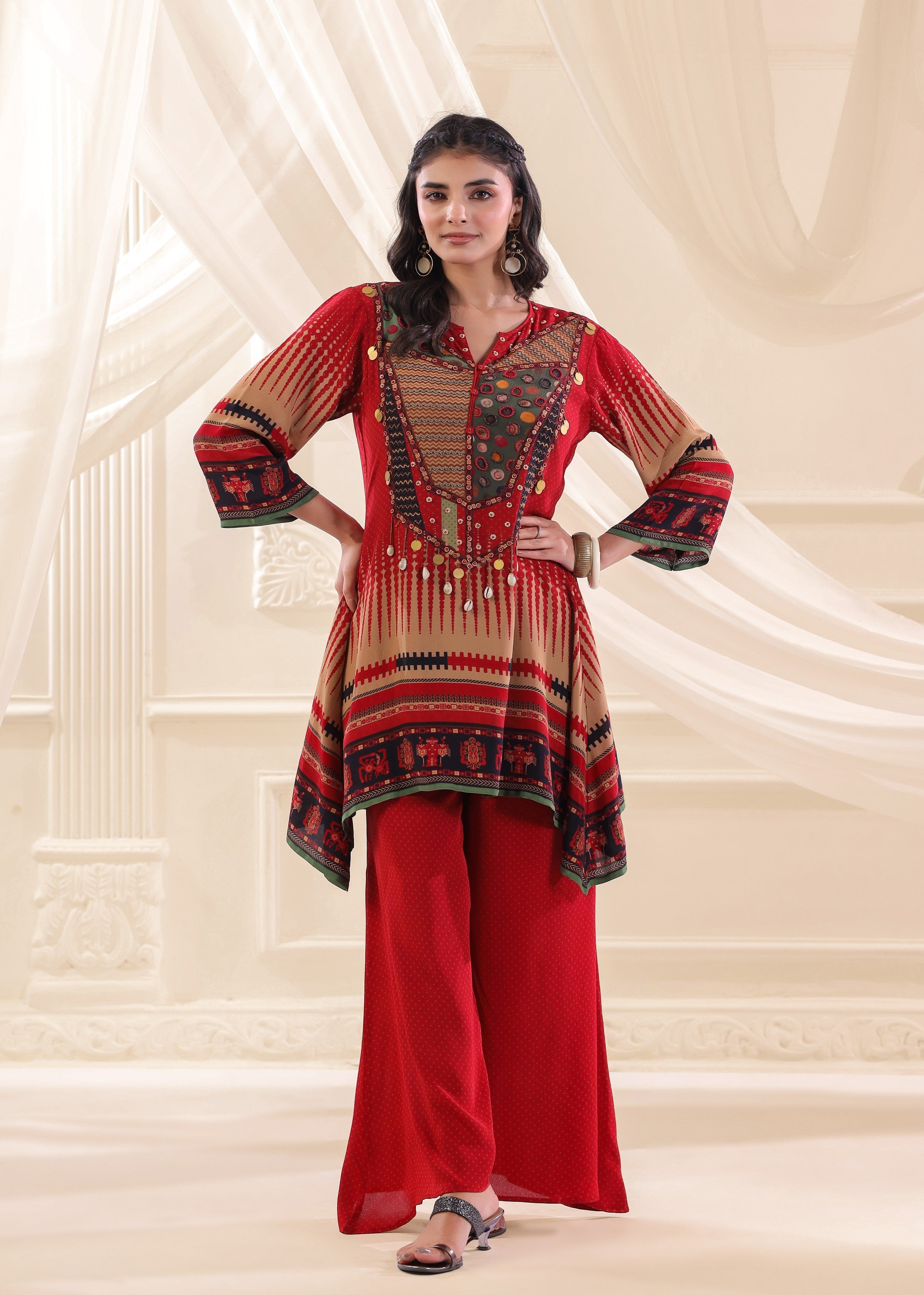 Ruby Tribal Embellished Crepe Silk Co-Ord Set